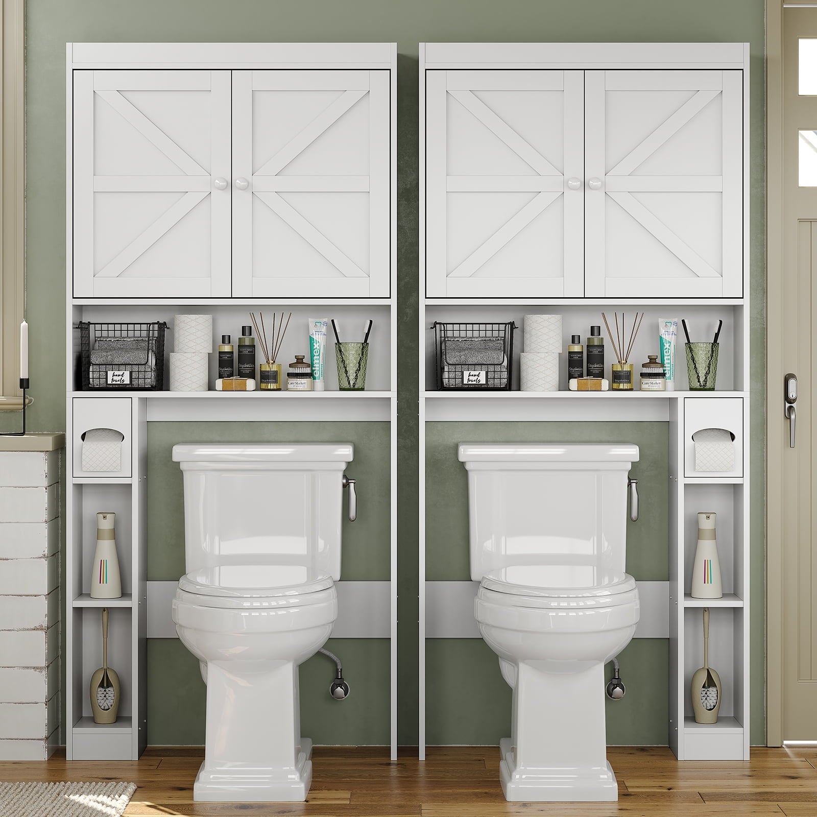 The Toilet Storage Cabinet with Barn Doors, Farmhouse Bathroom Toilet Shelf Space Saver with Toilet Paper Holder, White - Image 5