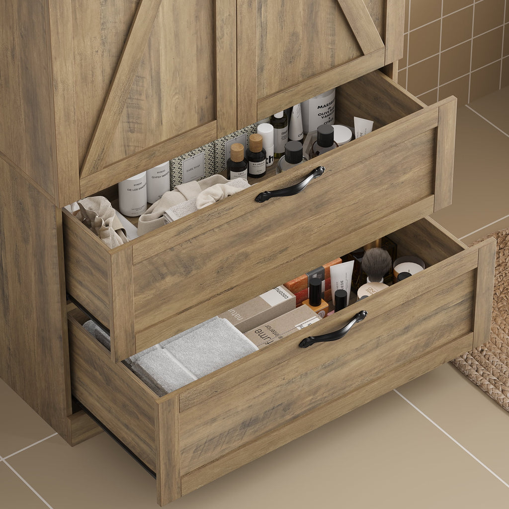 Bathroom Storage Cabinet, Farmhouse Linen Storage Cabinet with 2 Drawers, Rustic Brown - Image 5