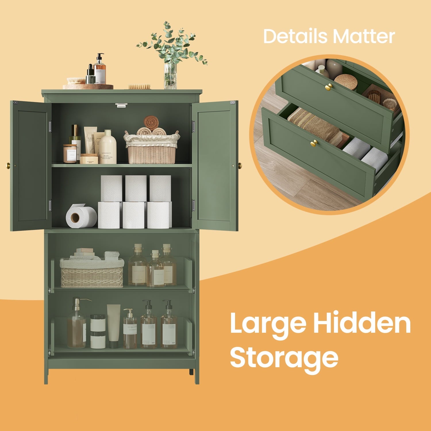 Bathroom Floor Storage Cabinet, Freestanding Cabinet with 2 Doors 2 Drawers, for Kitchen Living Room Small Spaces,Green - Image 4