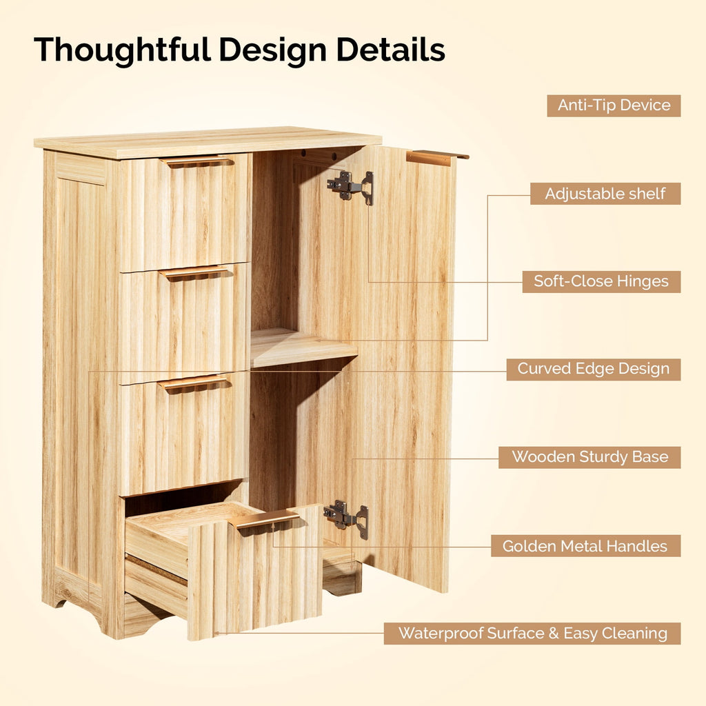 Bathroom Floor Cabinet, Fluted Storage Cupboard with 4 Drawers & 1 Door, Freestanding Wooden Organizer for Bathroom, ... - Image 6