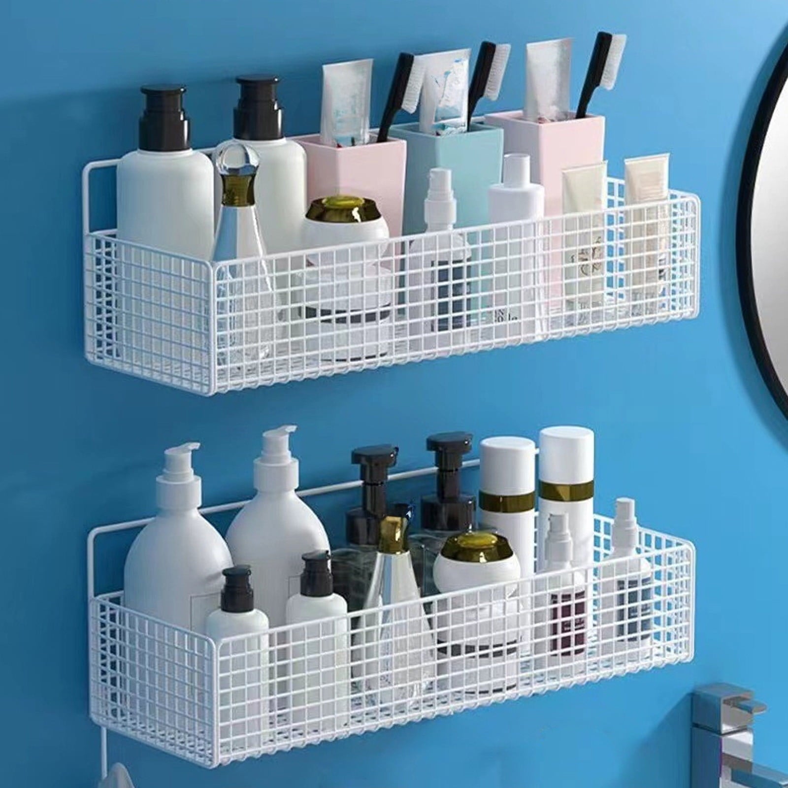 Basket, 14.4x5.9in Metal Wire Organizer with Hooks for Bathroom Shower, Kitchen Spice Rack, No Drill Adhesive Install... - Image 6