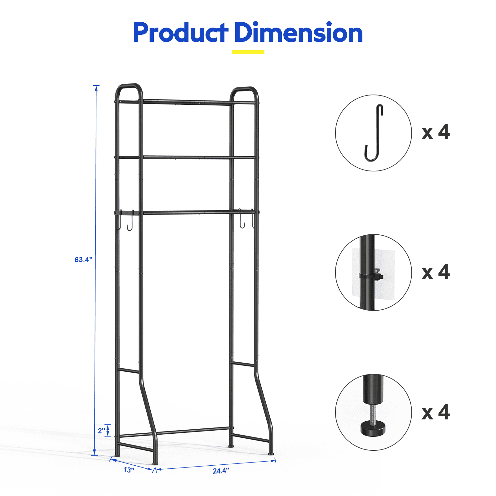 3 Over The Toilet Storage Rack, Bathroom Organizer Shelves Cabinet Above Toilet, Freestanding Shelf Space Saver, Black - Image 4