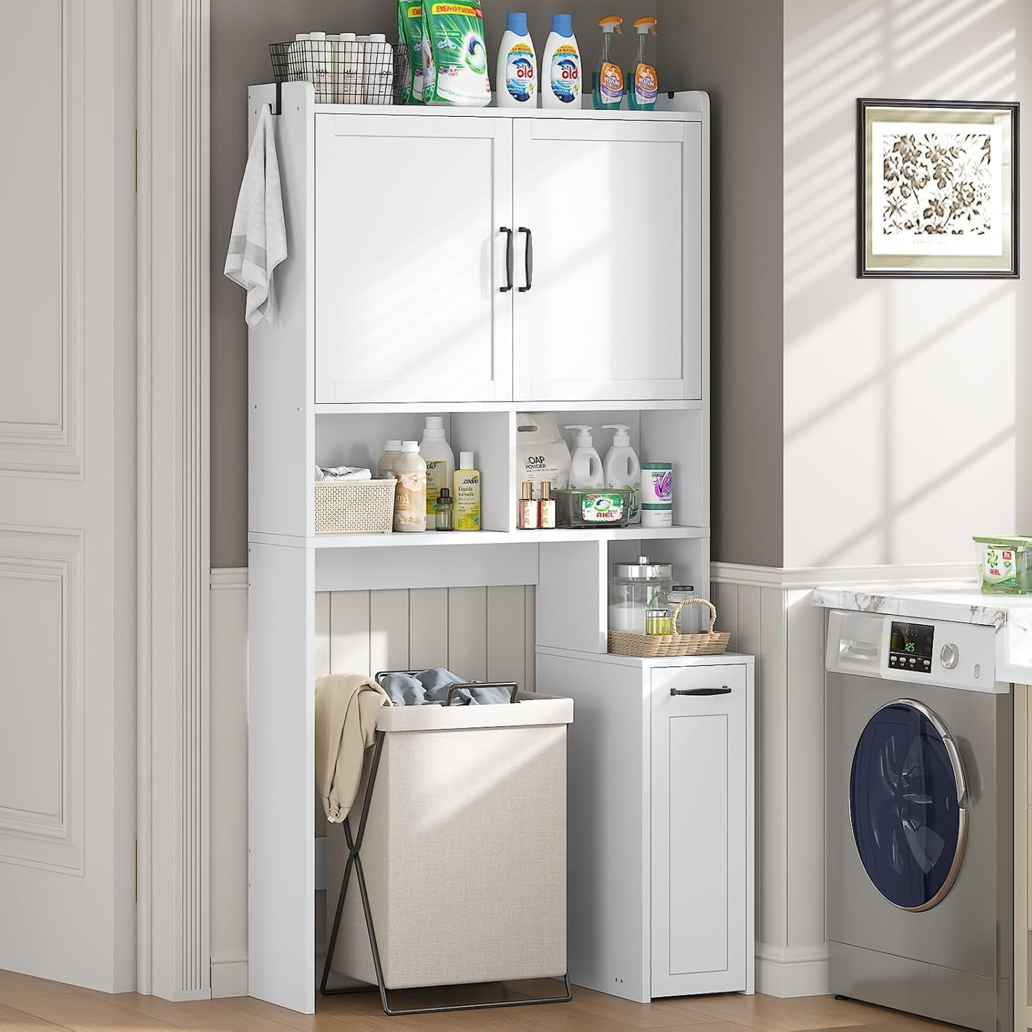 The Toilet Storage Cabinet with Pulley, Bathroom Storage Cabinet, with Adjustable Shelf and Open Shelf for Bathroom, ... - Image 2