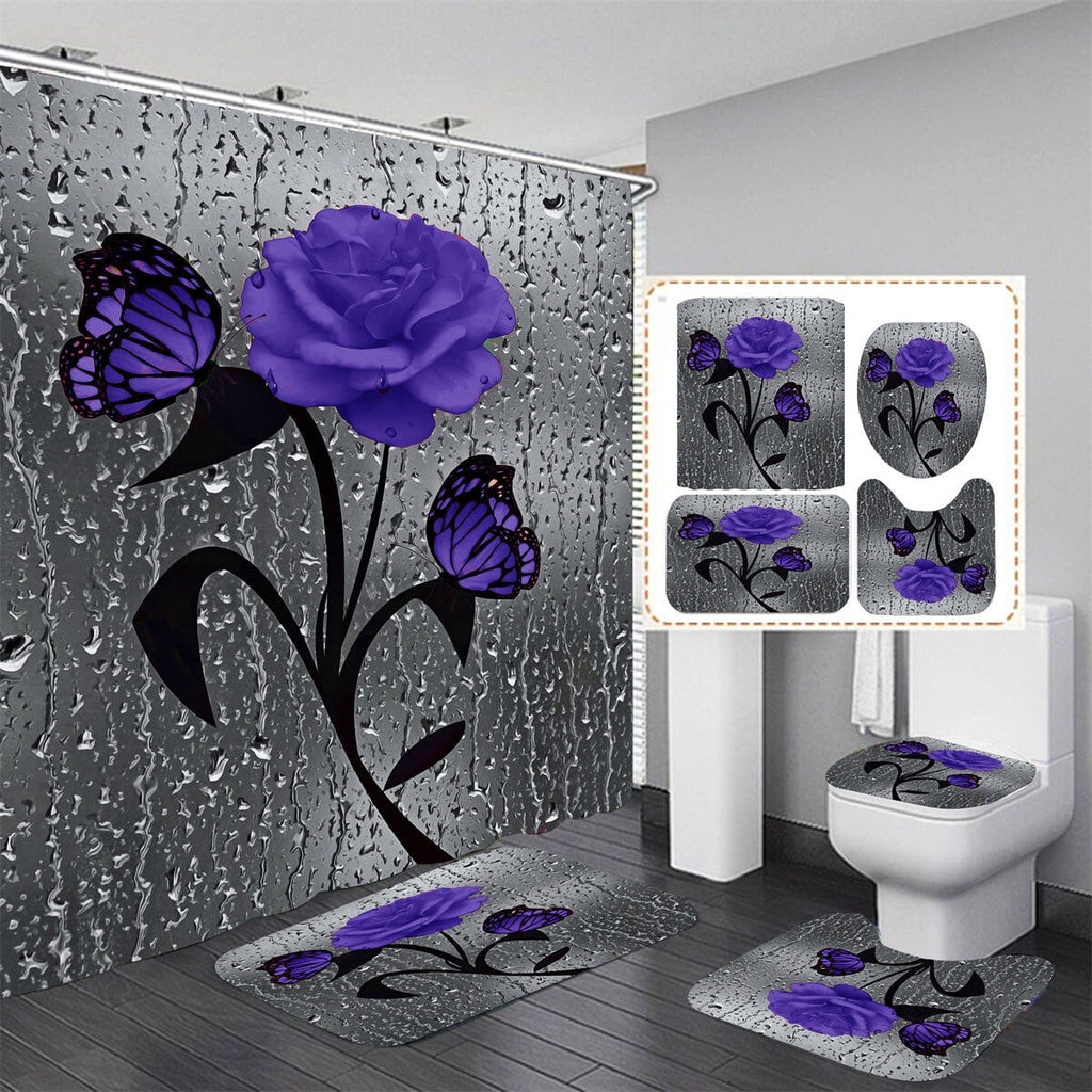 4 Pcs Bathroom Shower Curtain Set Blue Rose Shower Curtain Bathroom Sets Valentine's Day Shower Curtain Sets with Rugs(Bath Mat,U Shape and