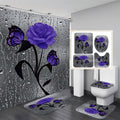 4 Pcs Bathroom Shower Curtain Set Blue Rose Shower Curtain Bathroom Sets Valentine's Day Shower Curtain Sets with Rugs(Bath Mat,U Shape and