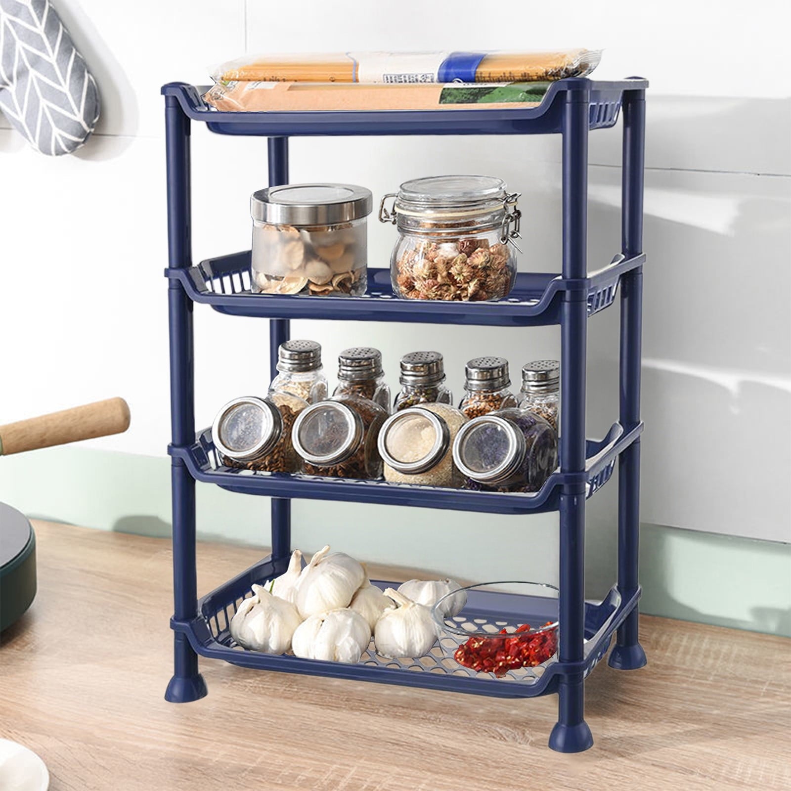 4-Tier Bathroom Storage Rack Stackable Shelf Organizer for Shower Toiletries Kitchen Counter Desktop Space-Saving Easy Assembly