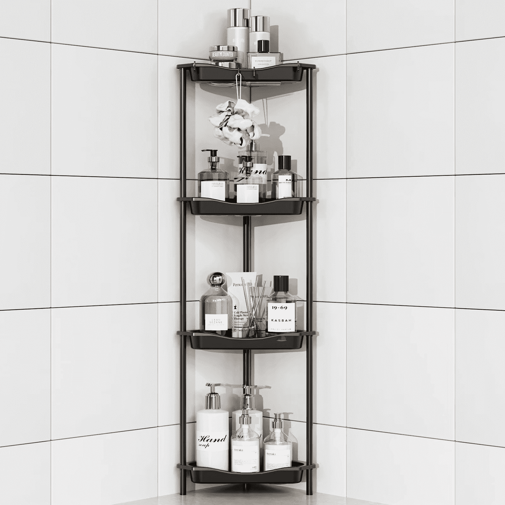 4 Floor Standing Corner Shower Caddy Organizer: Reinforced Plastic Shower Shelves with Extra-Tall Storage for Large S...