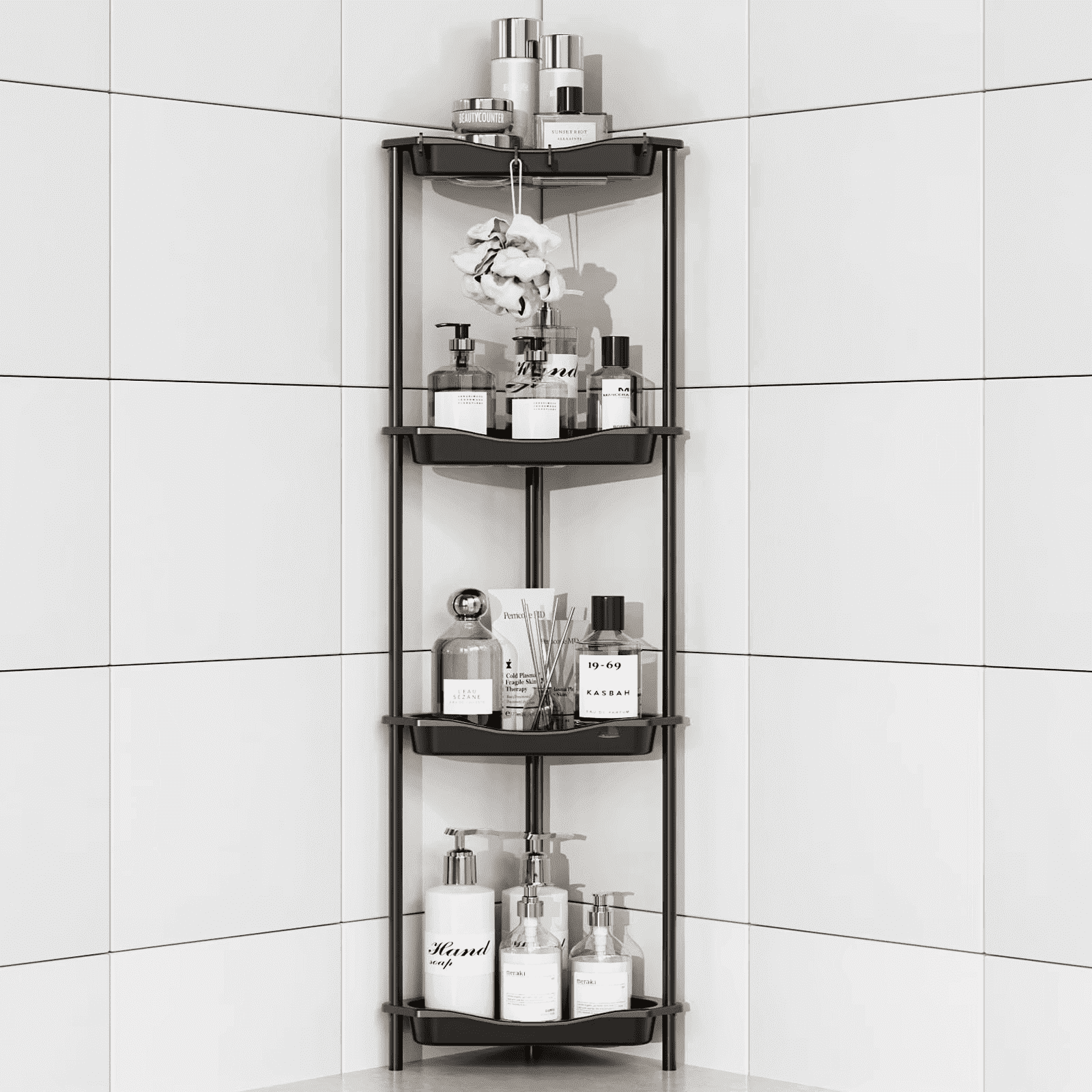 4 Floor Standing Corner Shower Caddy Organizer: Reinforced Plastic Shower Shelves with Extra-Tall Storage for Large S...