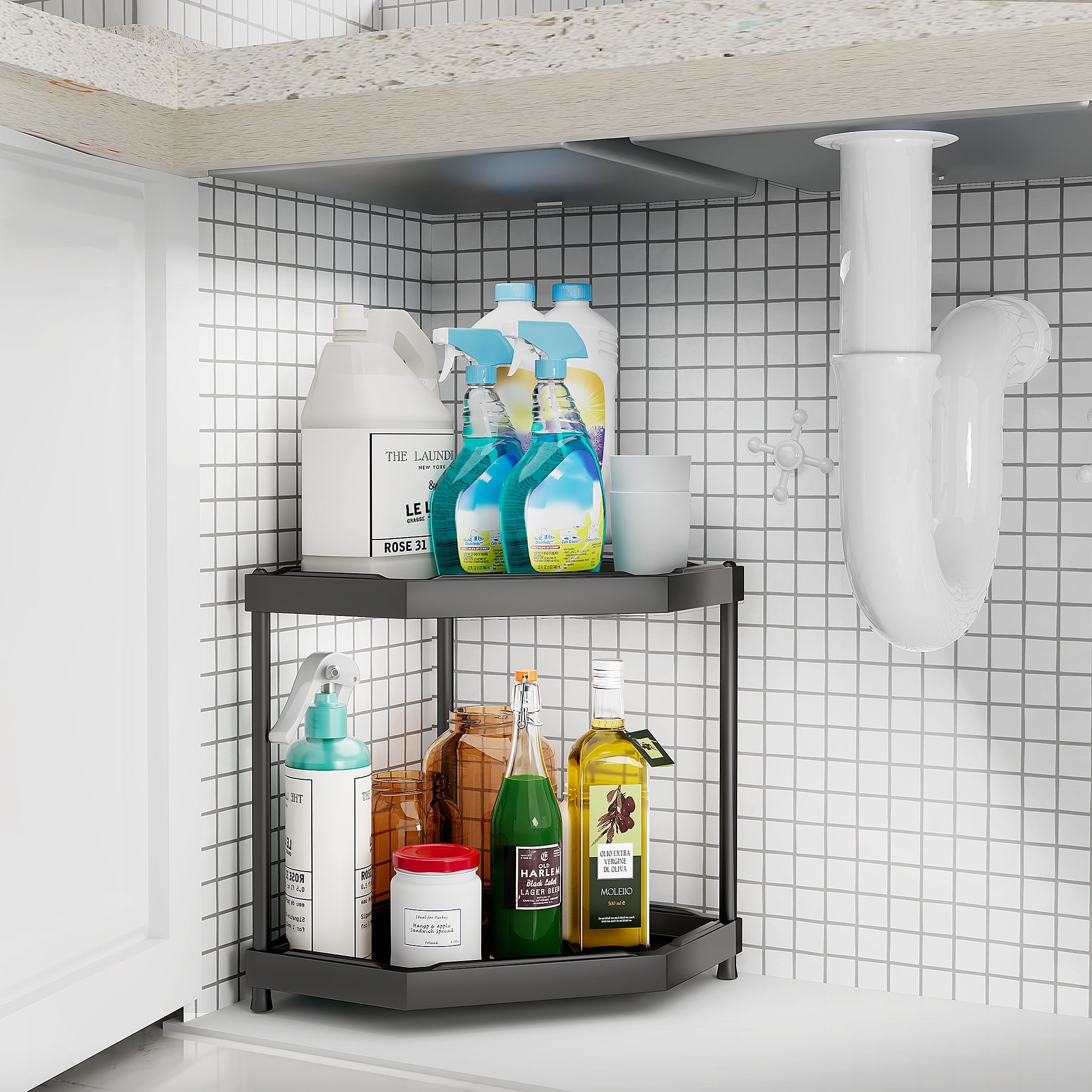 2 Corner Shelf Countertop Bathroom Counter Organizer Kitchen Storage Shelf Spice Rack Black - Image 3