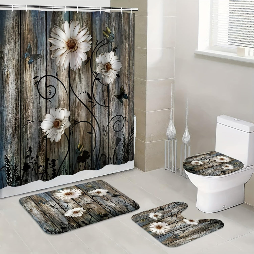 Curtain Set 4, Farm Teal Daisy Floral Bathroom Decor Set with Bath Curtain, Bath Mat, Toilet Lid and U-shaped Rug - Image 5