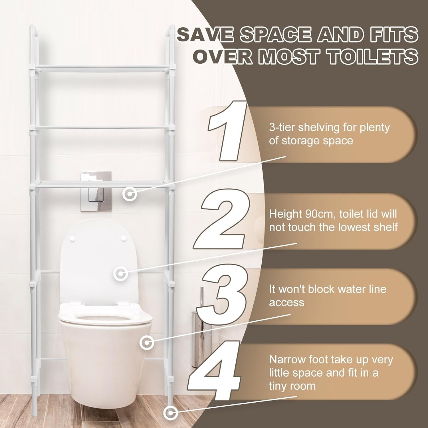 3-Tier the Toilet Plastic Storage Rack – Freestanding Metal Bathroom Organizer Shelf for Bath, Laundry Above-Toilet S... - Image 3