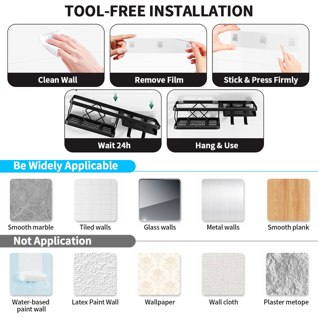 3-Tier with 6 Removable Hooks & 2 Toothbrush Holders, 304 Stainless Steel, No Drilling Bathroom Organize, 5 PCS Black - Image 6