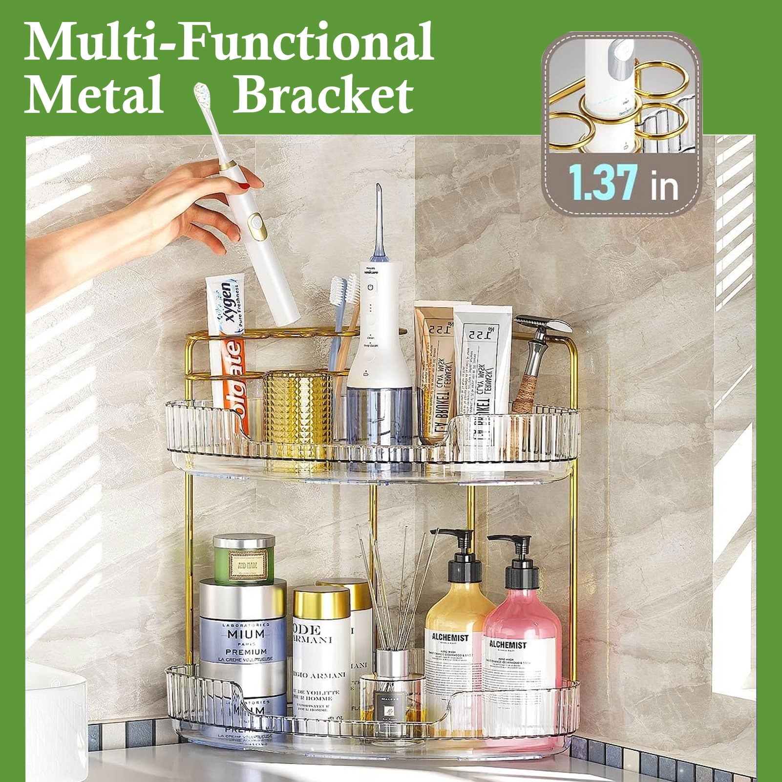 2-Tier Bathroom Counter Organizer, Makeup Cosmetic Storage with Top Toothbrush Holders, Acrylic Vanity Shelf, Skin Ca... - Image 5