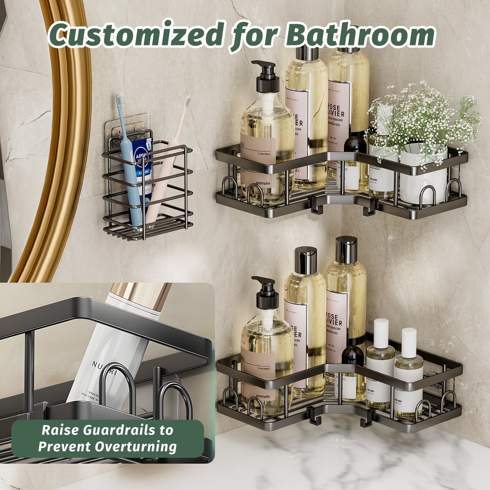 5-Piece Shower Caddy Set -Includes Shelf, Soap Holder, Toothbrush Holder, Strong Load-Bearing Without Drilling - Image 5