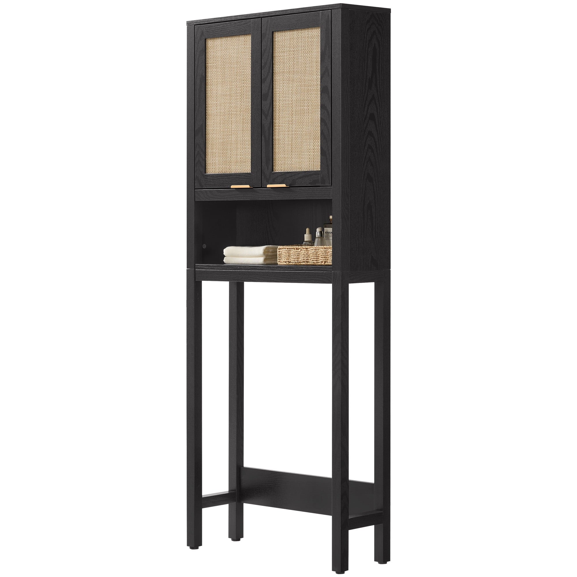 Over The Toilet Storage Cabinet with Adjustable Shelf, Bathroom Organizer Rattan Doors & Gold Handle, Black Oak - Image 5