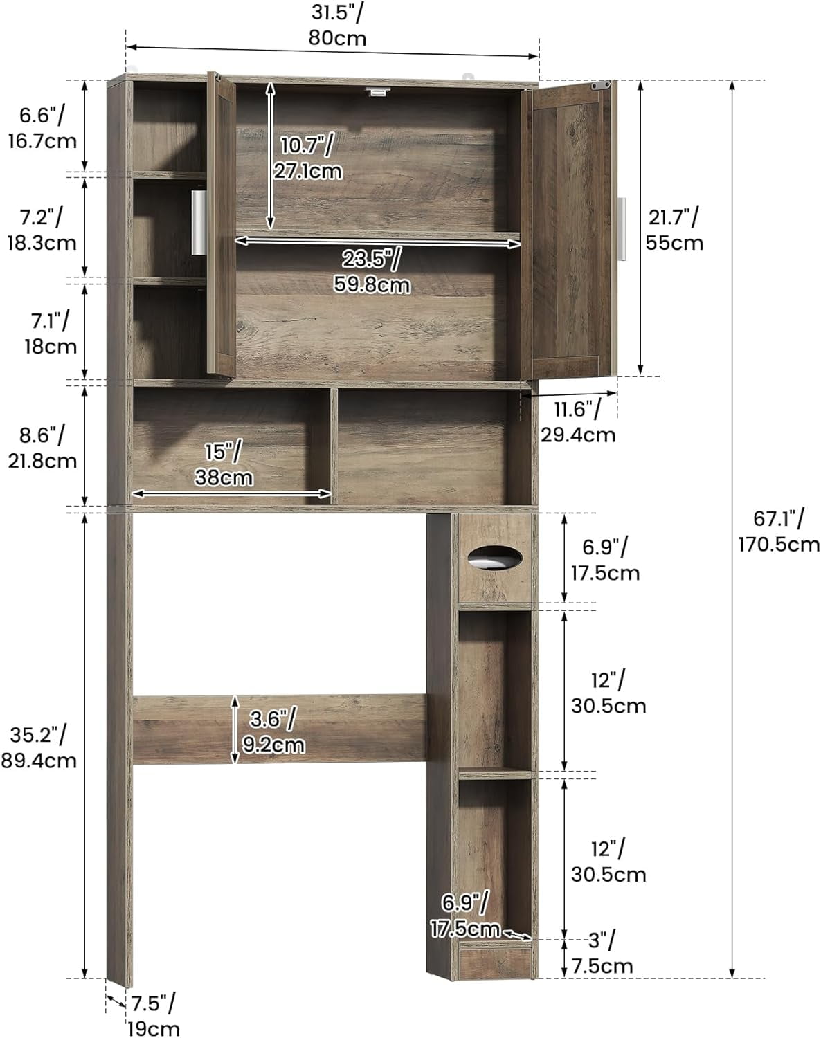 Cabinet with 2 Barn Doors, 10 Adjustable Shelves & Tissue Holder,Bathroom Storage,Grey - Image 2