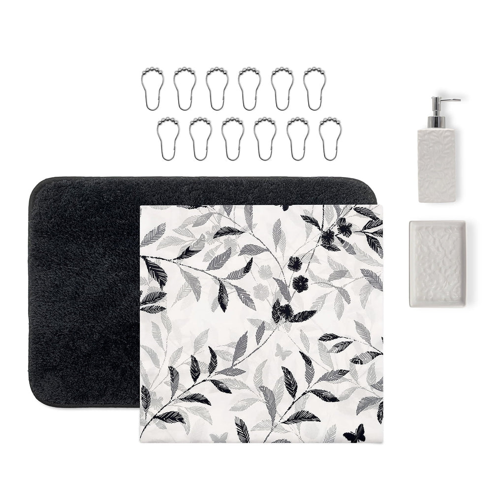 Mainstays 16-Piece Black and White Botanical Shower Curtain Bathroom Set  Fabric Curtain with Rug, Hooks, Soap Dispenser & Tray - Image 3