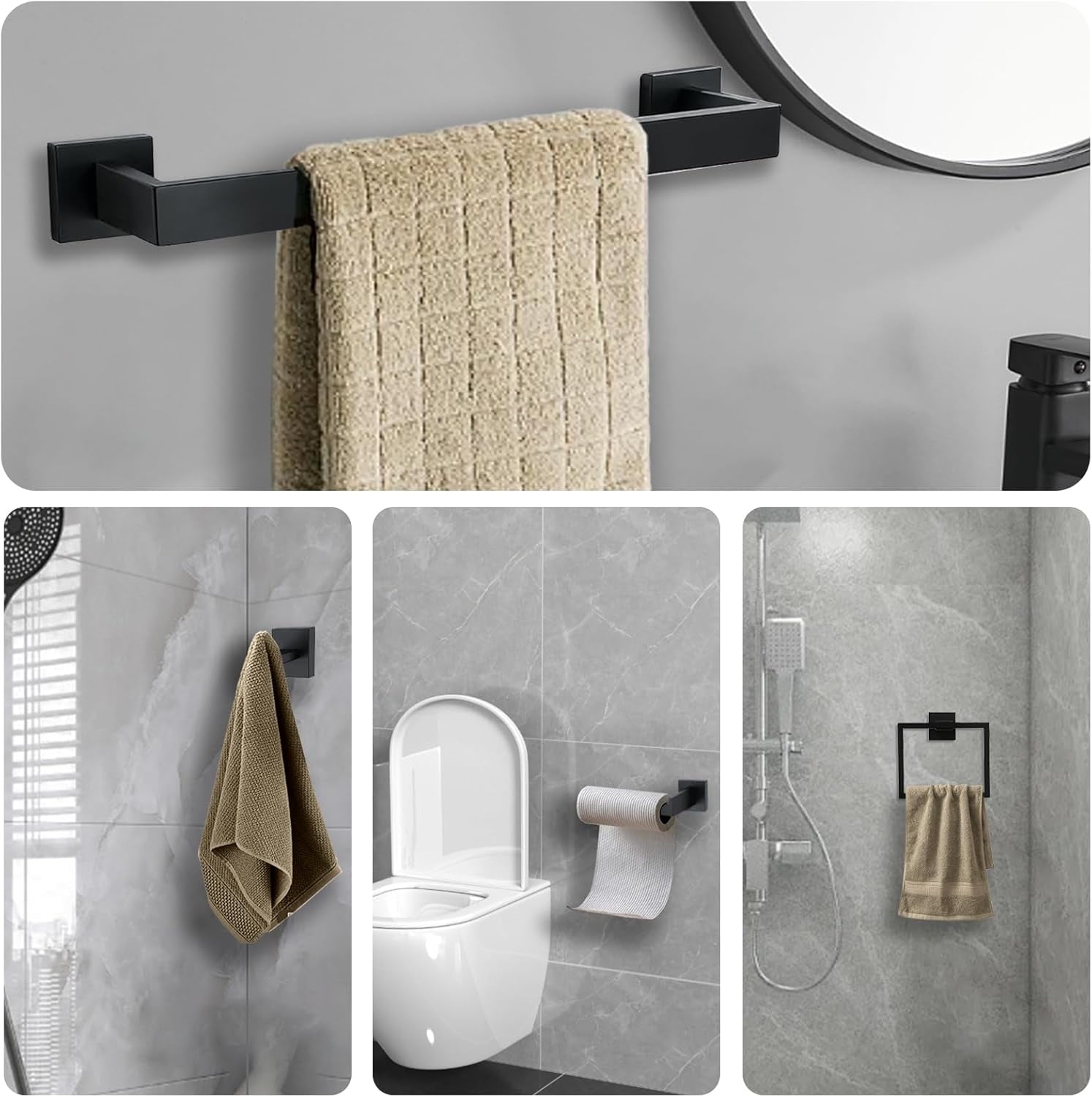 Black 5-Piece Square Bathroom Hardware Set with Towel Bar, Hook, Toilet Paper Holder and Ring（Black） - Image 4