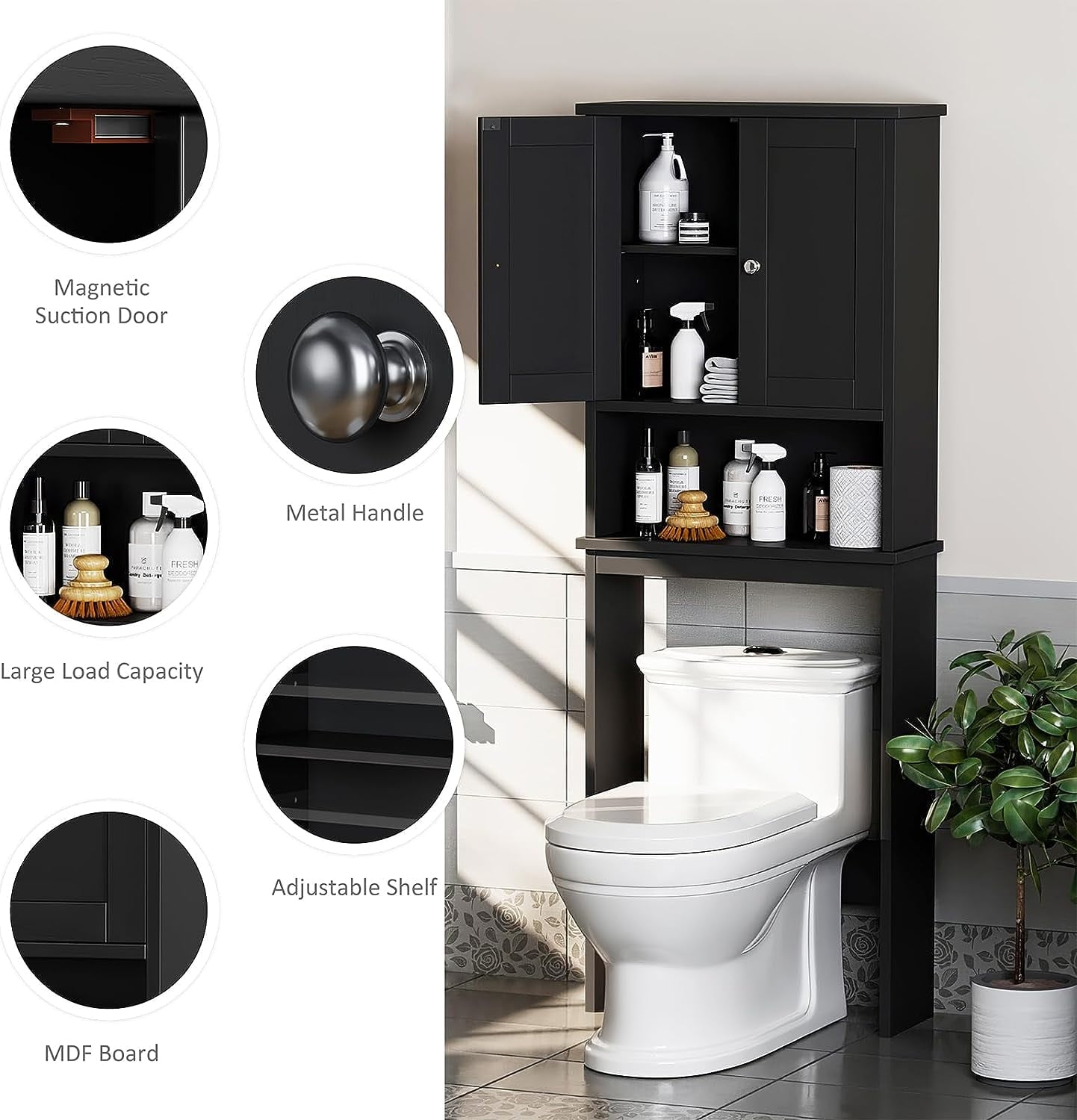 Sobaniilo Over The Toilet Storage Cabinet, Bathroom Storage Organizer Over Toilet, Space Saver W/Adjustable Shelf & Open Storage Shelf, Blac - Image 2