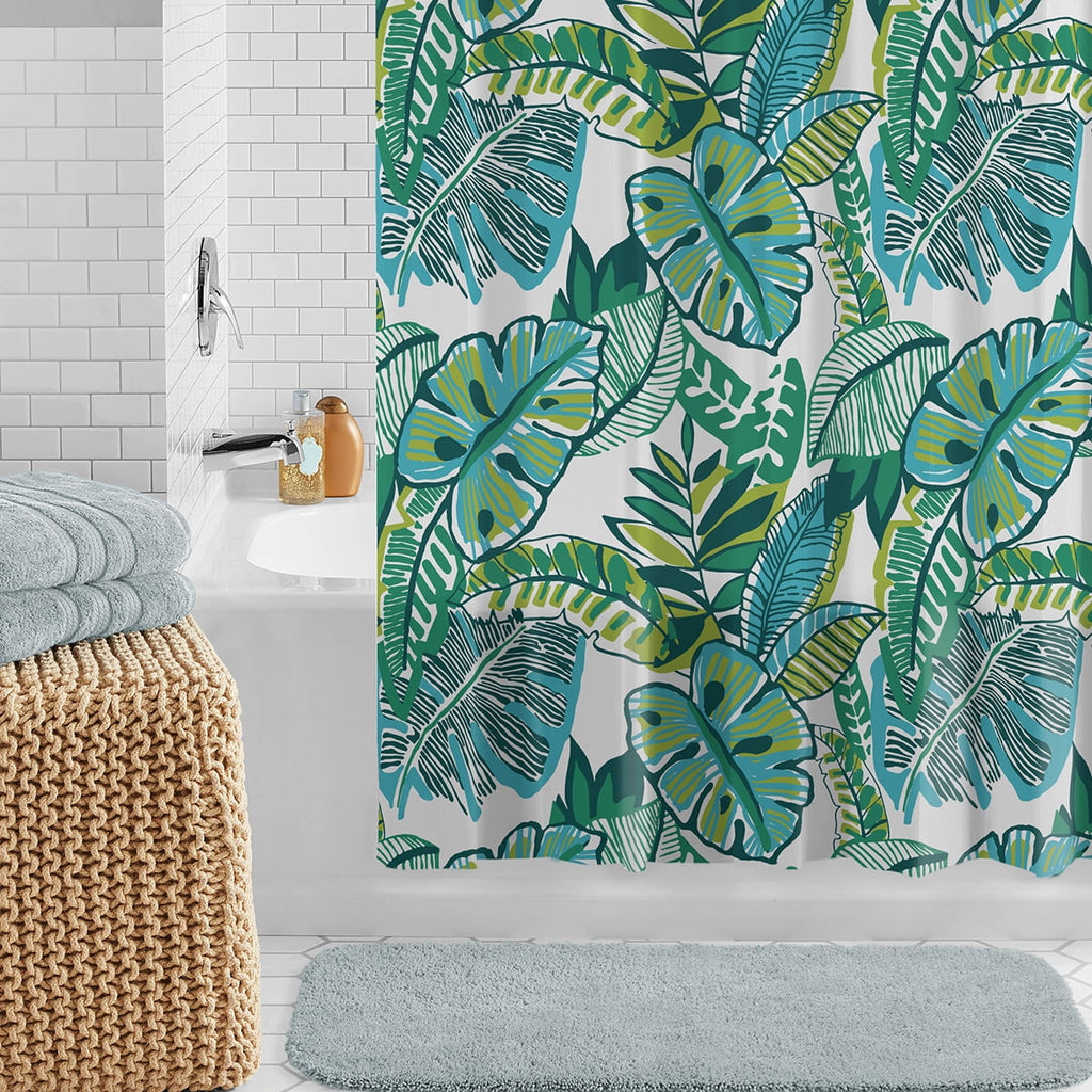 30% Recycled Tropical Palms Shower Curtain Set & Hooks, 13-Piece Green - Image 6