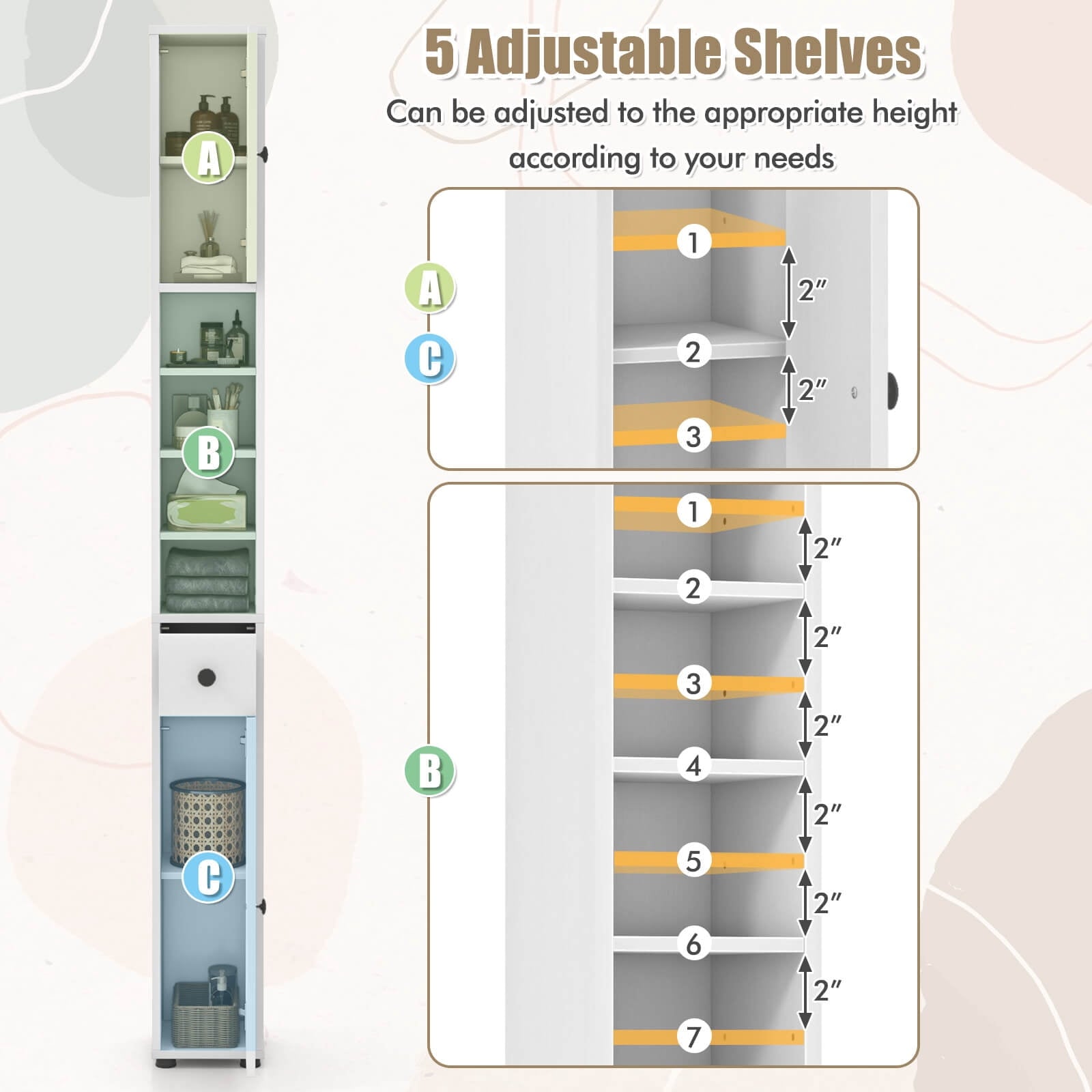 Costway Tall Slim Bathroom Storage Cabinet Linen Towerwith Drawer & Adjustable Shelves White - Image 5