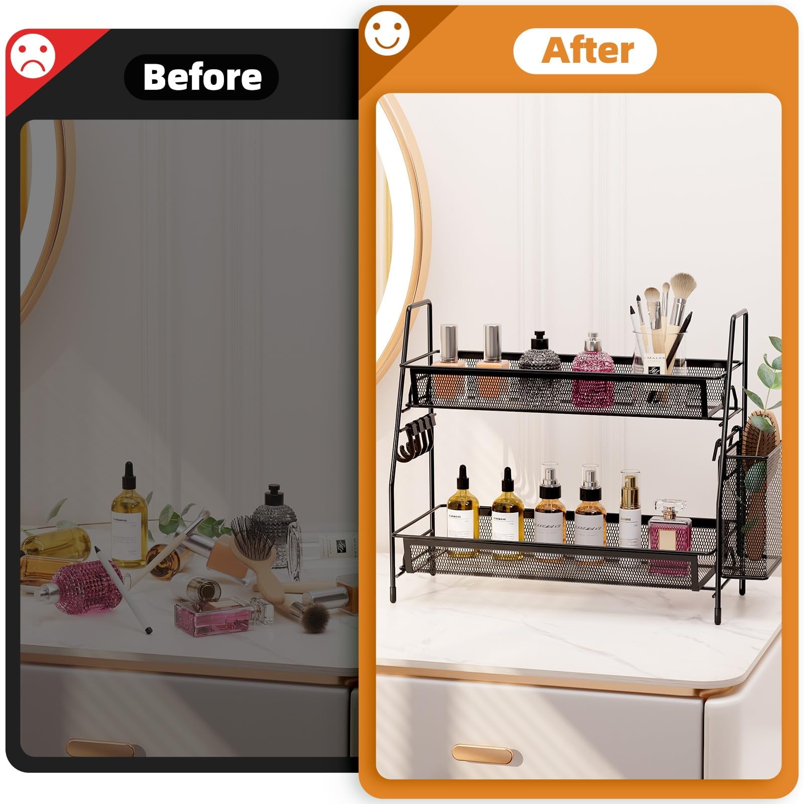 2-Tier Bathroom Organizer Countertop, Metal Wire Mesh Bathroom Counter Organizer Storage with Basket Hooks - Image 4