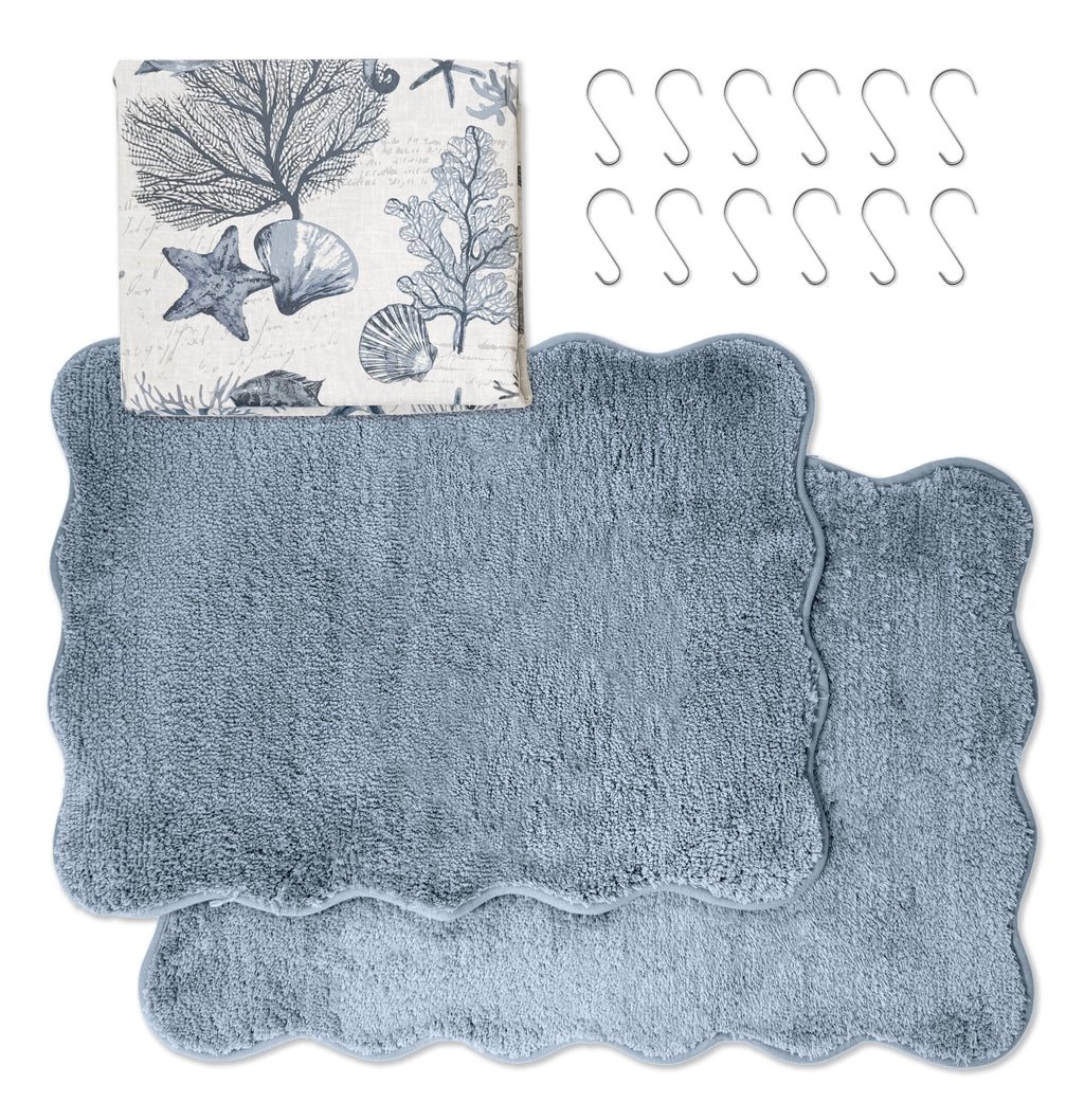 Mainstays 15-Piece Blue Coastal Bathroom Set  Beach-Inspired Shower Curtain, Bath Rugs & Hooks, Washable Ocean Decor - Image 2