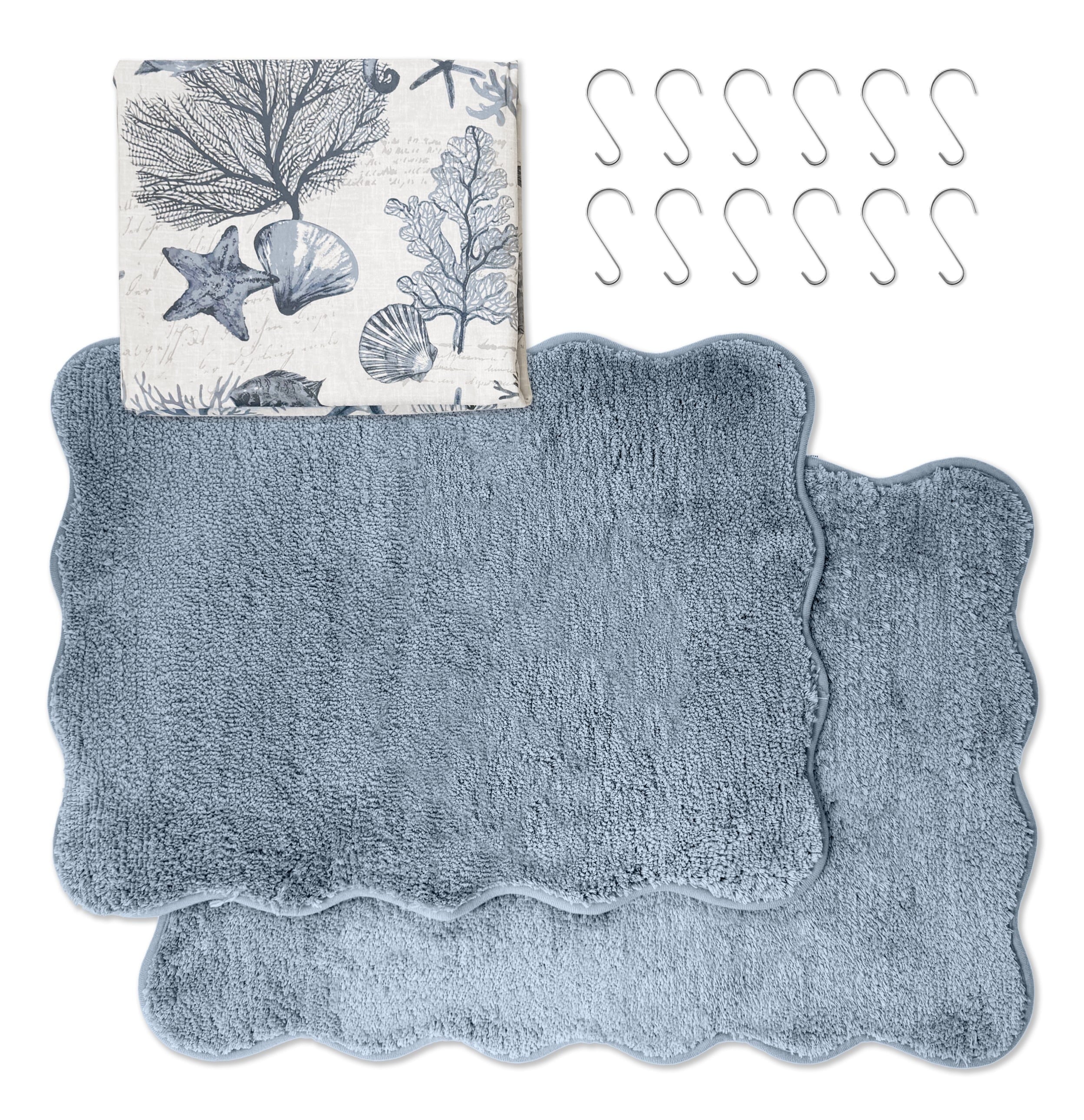 Mainstays 15-Piece Blue Coastal Bathroom Set  Beach-Inspired Shower Curtain, Bath Rugs & Hooks, Washable Ocean Decor - Image 2