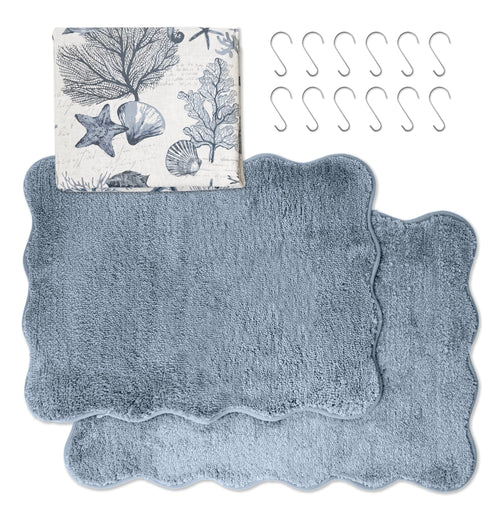 Mainstays 15-Piece Blue Coastal Bathroom Set  Beach-Inspired Shower Curtain, Bath Rugs & Hooks, Washable Ocean Decor - Image 2
