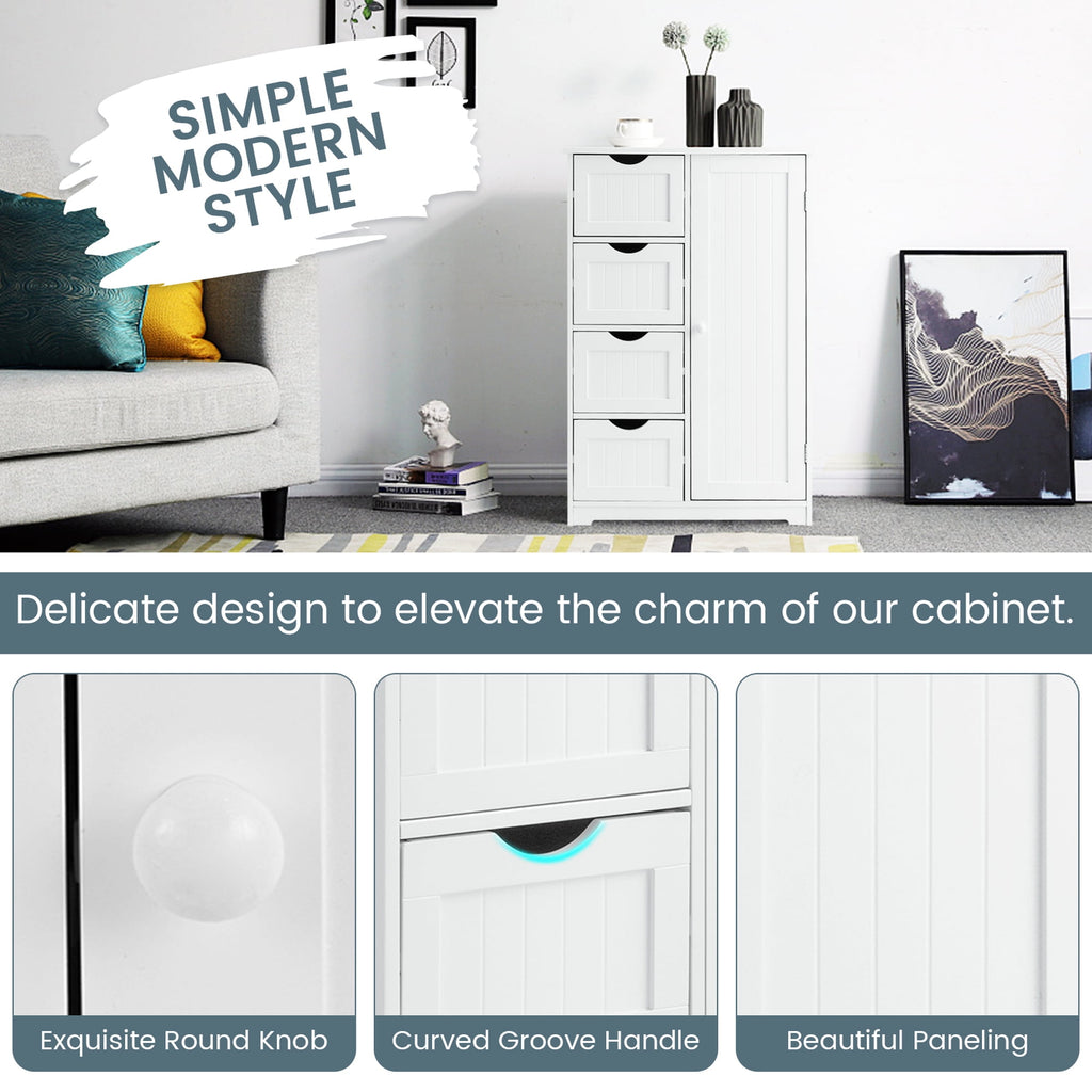 Costway Wooden 4 Drawer Bathroom Cabinet Storage Cupboard 2 Shelves Free Standing White - Image 4