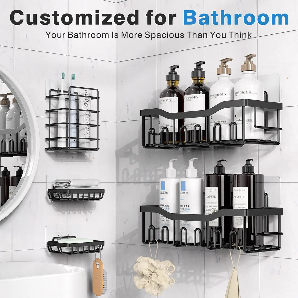 Stainless Steel Shower Caddy, 5 Shelves, Kitchen Organizer, No Drilling with Strong Adhesive Mount, Rustproof, Black. - Image 2
