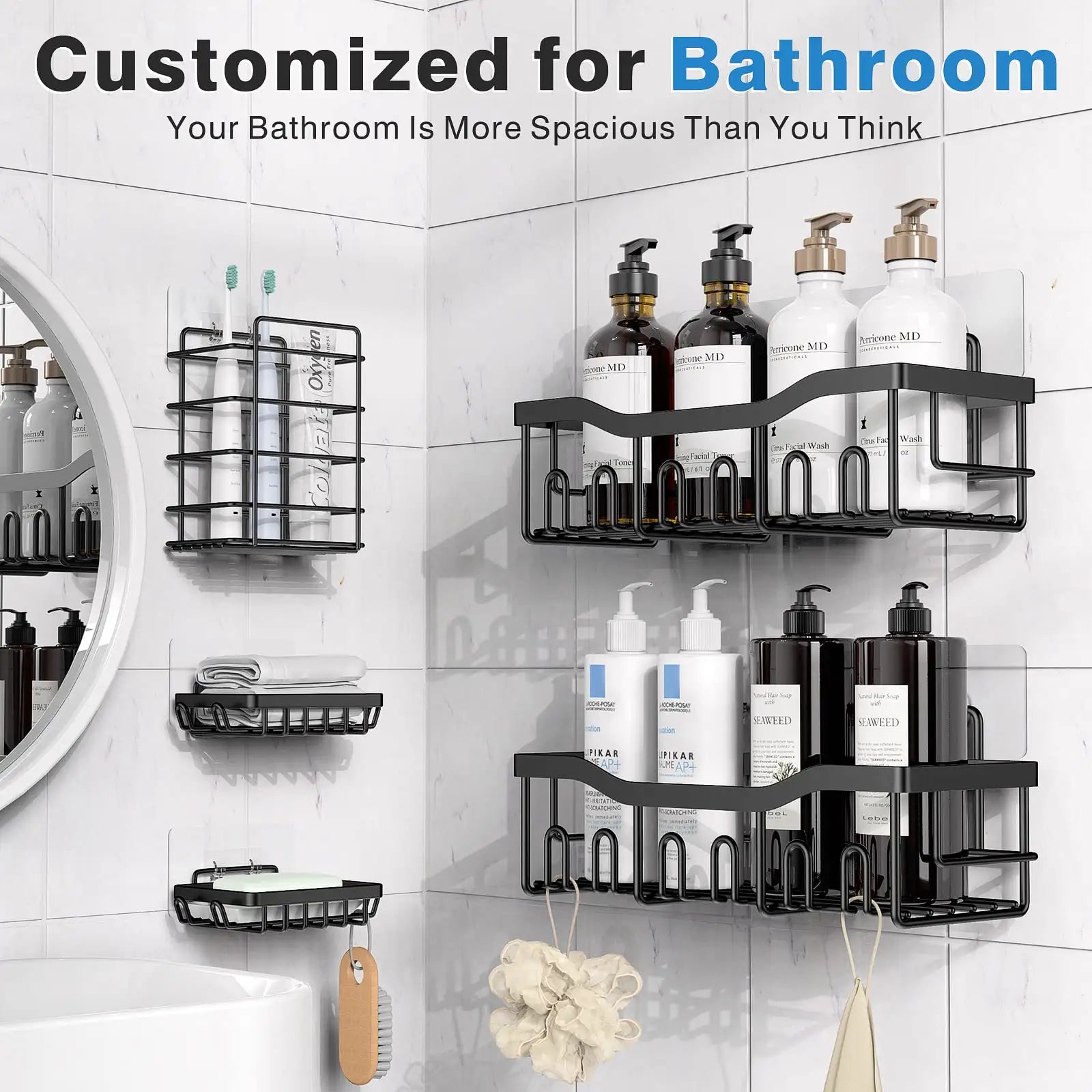 Stainless Steel Shower Caddy, 5 Shelves, Kitchen Organizer, No Drilling with Strong Adhesive Mount, Rustproof, Black. - Image 2