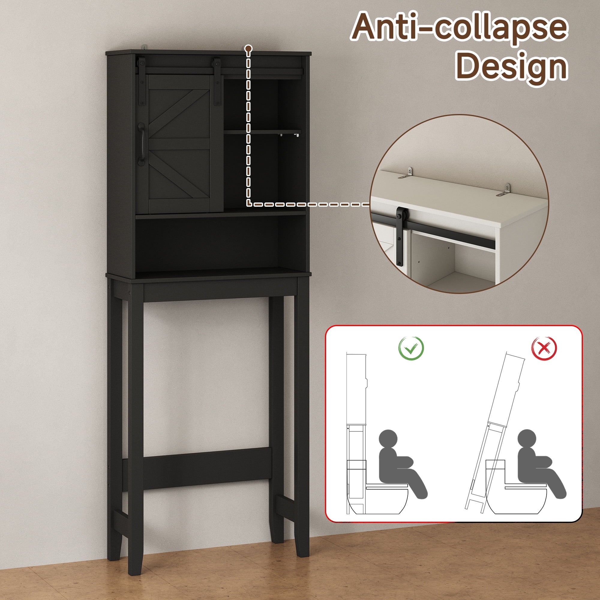 Over the Toilet Storage Cabinet, Bathroom Space Saver Organizer with Sliding Barn Door, Anti-Tipping Design, Waterproof, Adjustable Shelves - Image 5