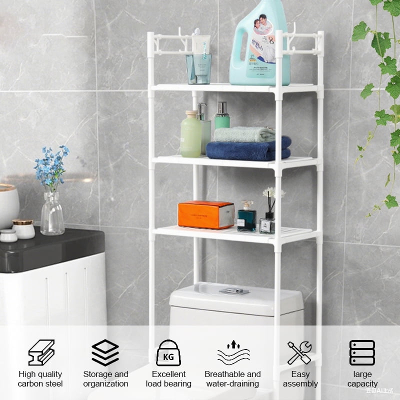 The Toilet Storage Shelf for Bathroom,3-Tier Freestanding Bathroom Organizer with 4-Hooks,H-Shape Frame,Extra Thick C... - Image 2