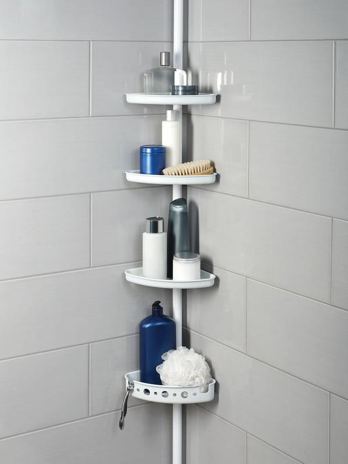 Mainstays Adjustable Tension Steel Shower Pole Caddy, 3 Shelves, White, 60" - 96" - Image 2