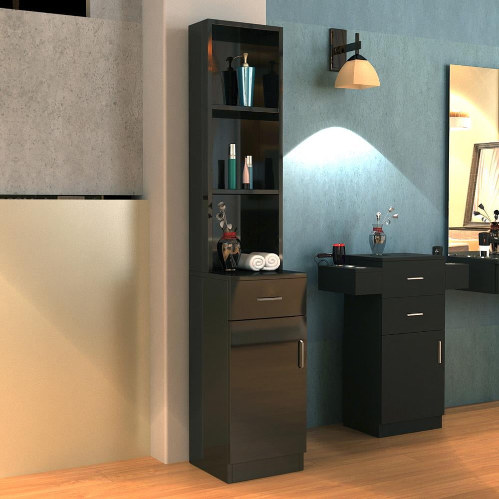 Station Makeup Hair Salon Cabinet, Freestanding Bathroom Tall Cabinet with 5 Shelves & Drawer, Black - Image 2