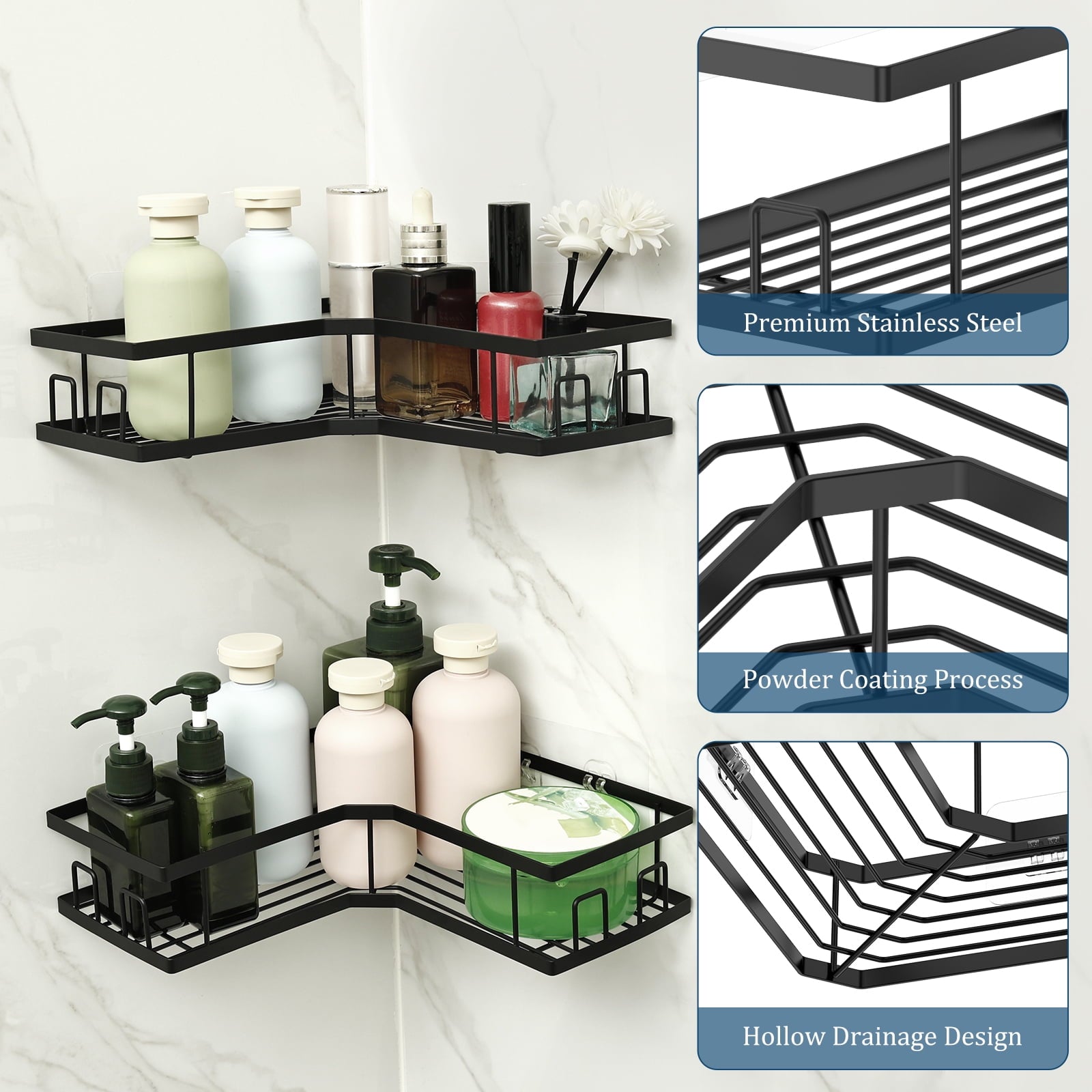 Caddy Corner 5 Pack, Large Capacity No Drilling Wall-Mounted Bathroom Organizer Basket, Black - Image 6