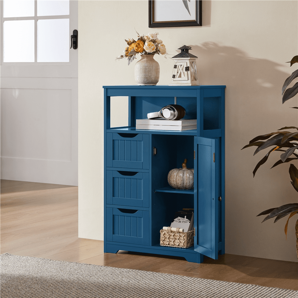 Topeakmart Wooden Floor Cabinet w/ Multi-Tiers & 3 Drawers, Navy Blue - Image 2