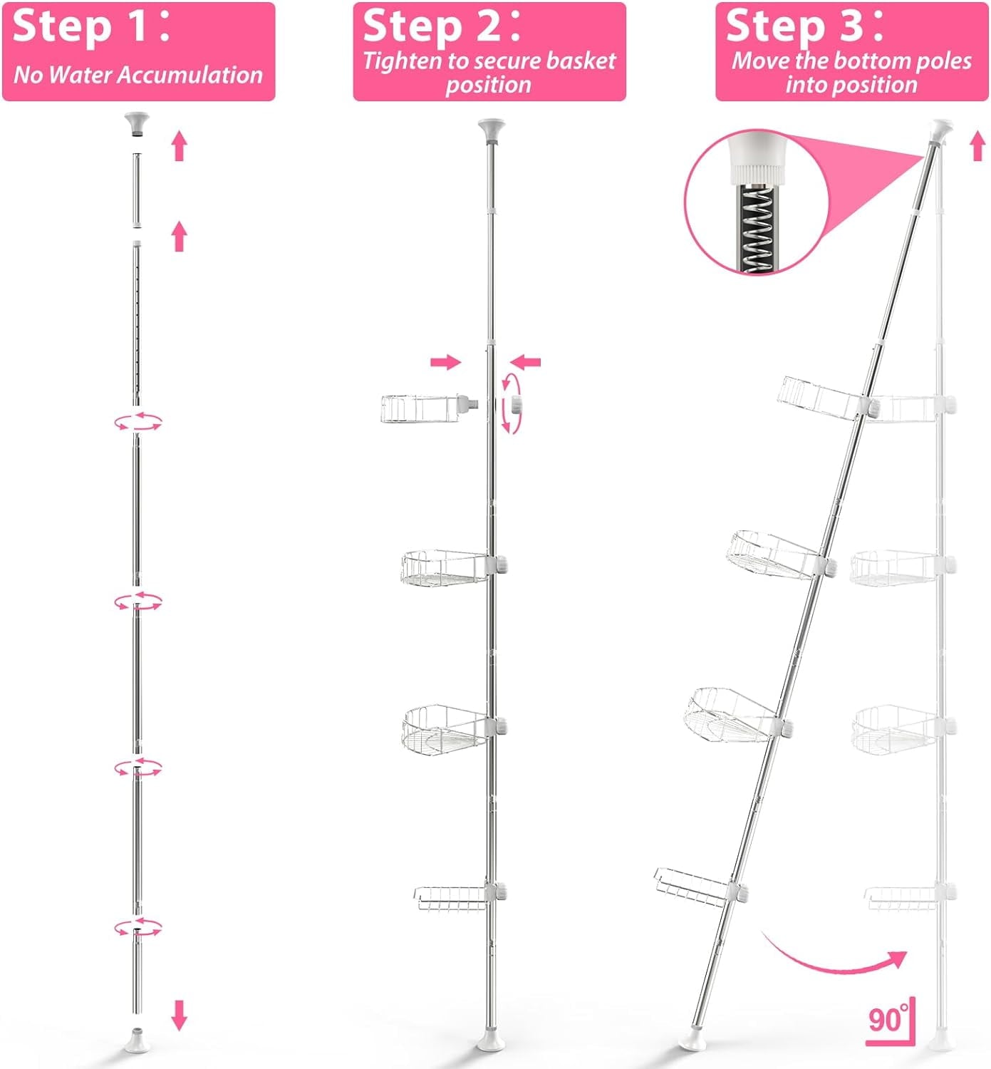 Caddy 39-125" Stainless Steel Shelves Rack for Inside Bathroom Bathtub Caddy Rustproof Tension Pole Silver - Image 3