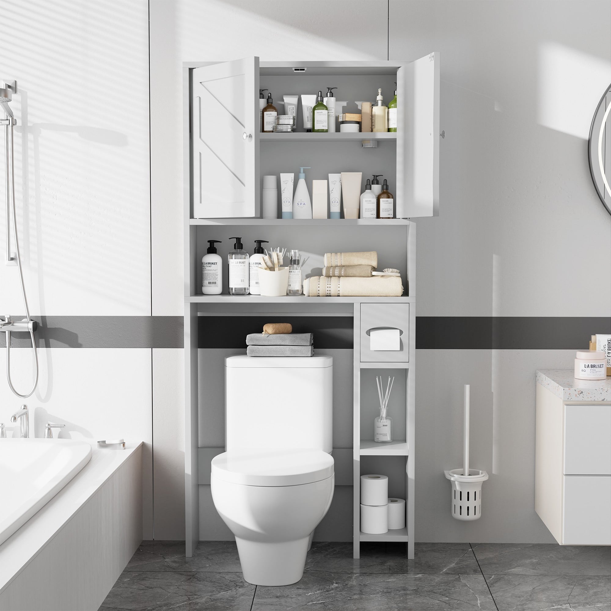 Walsunny Over the Toilet Storage Cabinet with Doors Side Storage Toilet Paper Holder Stand Space Saver Shelf Organizer Rack Freestanding for - Image 4