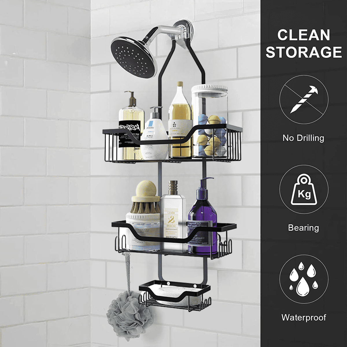 Shower Caddy, Over Head Shower Organizer Rustproof with Hooks for Towels, Sponge and more, Stainless Steel Black - Image 4