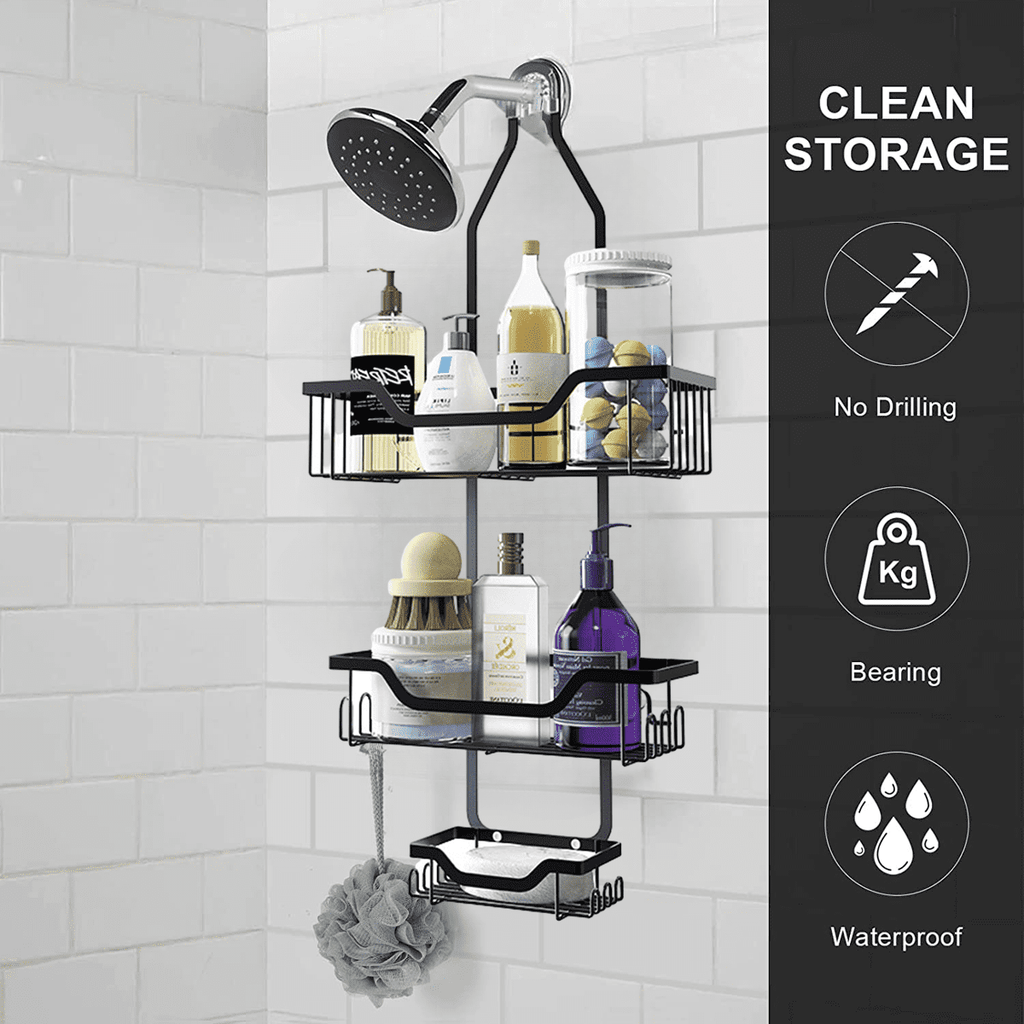 Shower Caddy, Over Head Shower Organizer Rustproof with Hooks for Towels, Sponge and more, Stainless Steel Black - Image 4