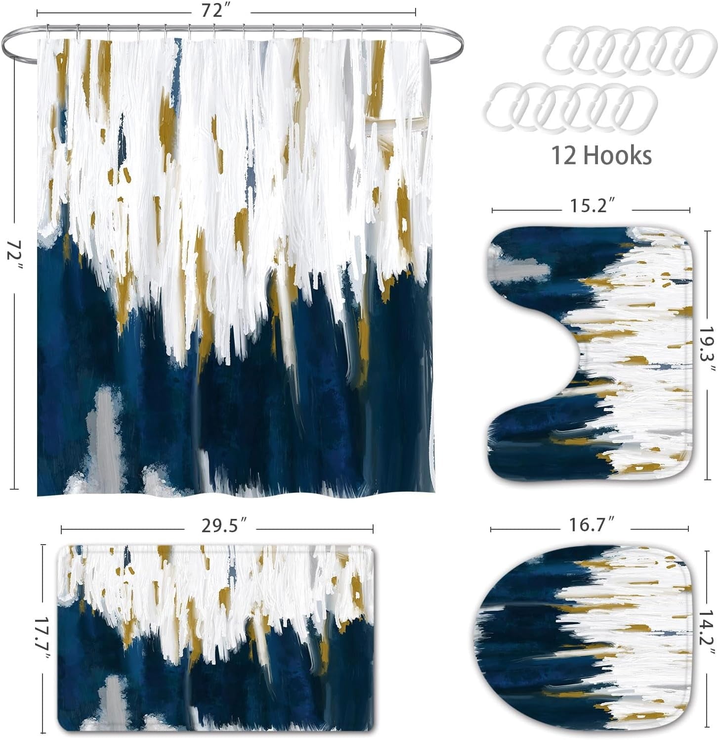 Zrodlmo Abstract Blue Ombre Fabric Shower Curtain and Rug Sets, 16pc Modern Bathroom Curtain Sets, 72" x 72", Blue - Image 4