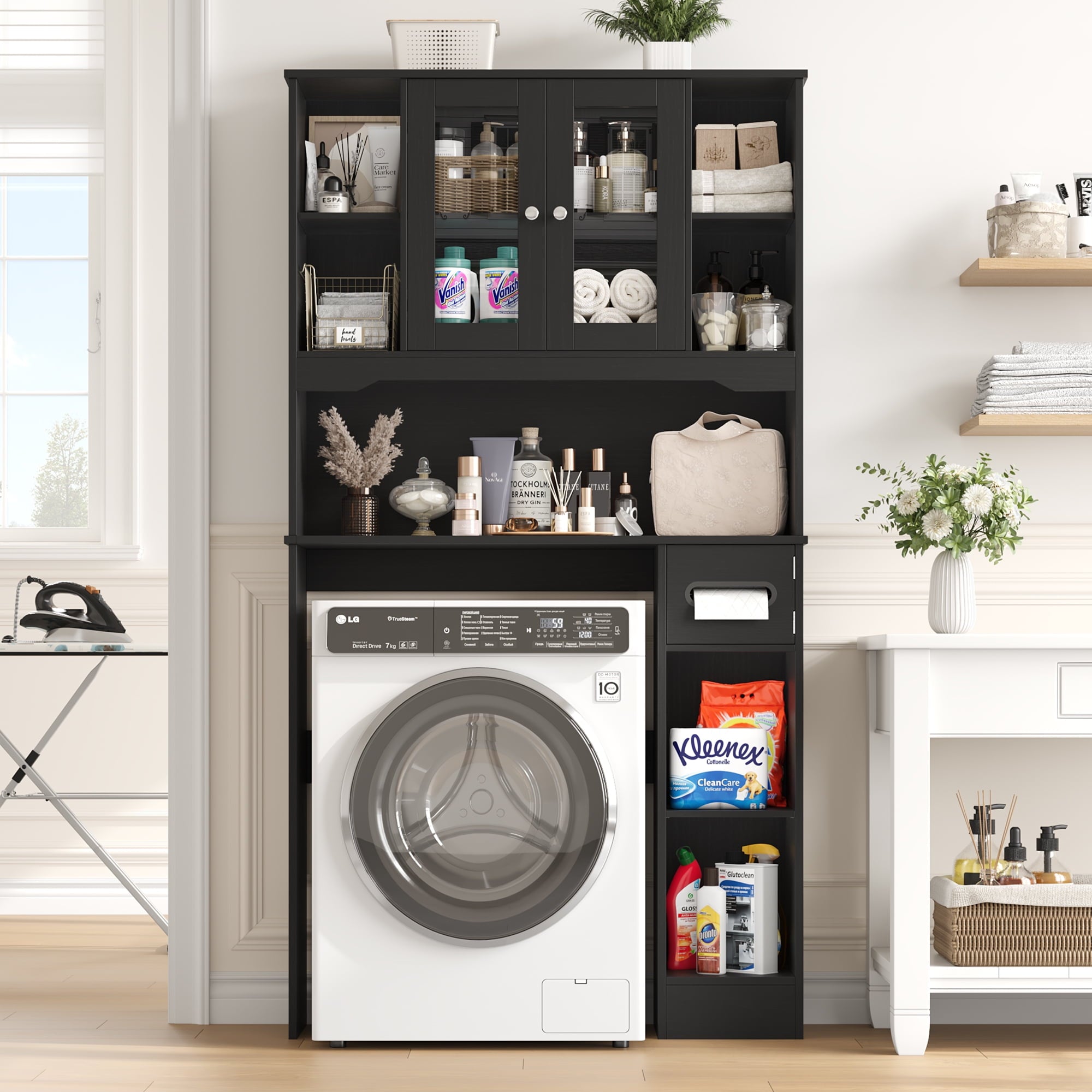 The Toilet Storage Cabinet with Toilet Paper Holder Stand, Above Toilet Organizer with Glass Doors, Behind Toilet She... - Image 2