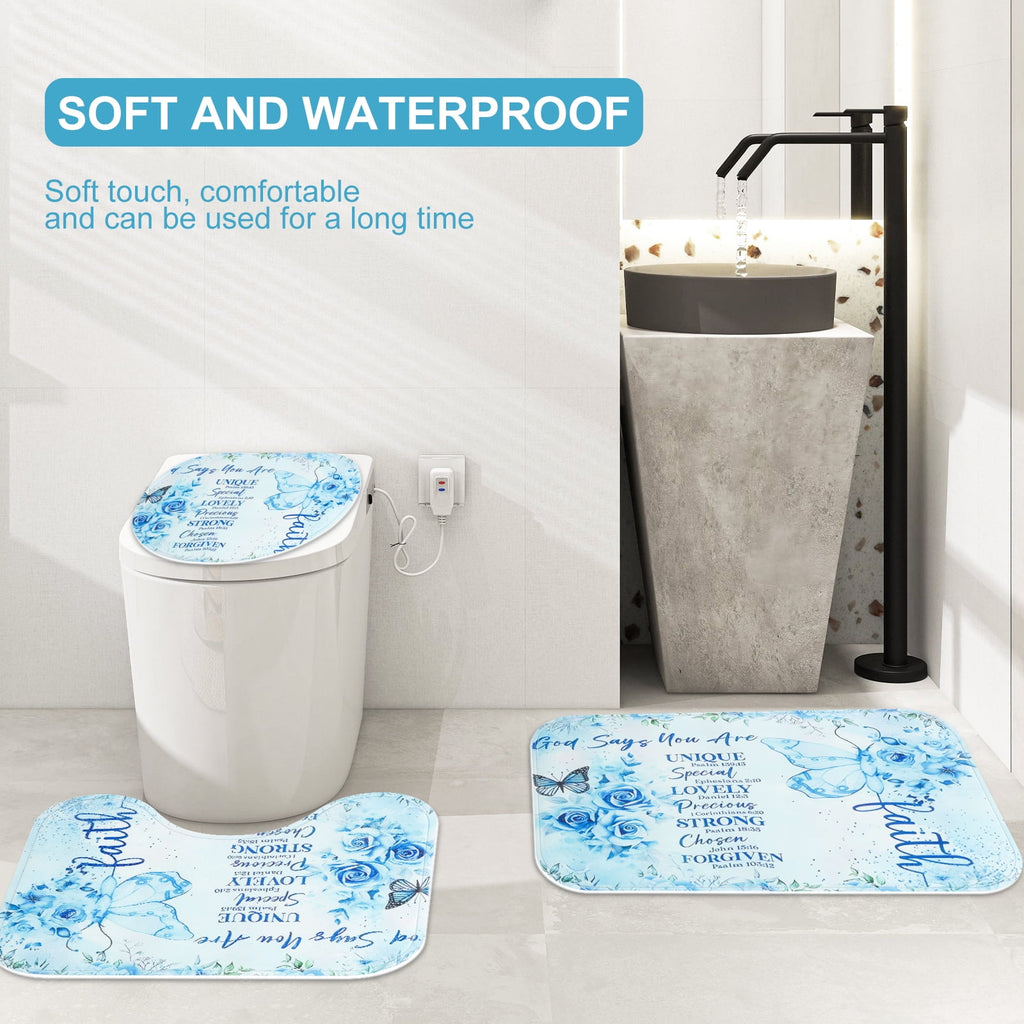 Dznils Blue Floral Shower Curtain Sets with Rugs, 16pc Butterfly Bathroom Curtain Set, 72" x 72" - Image 4