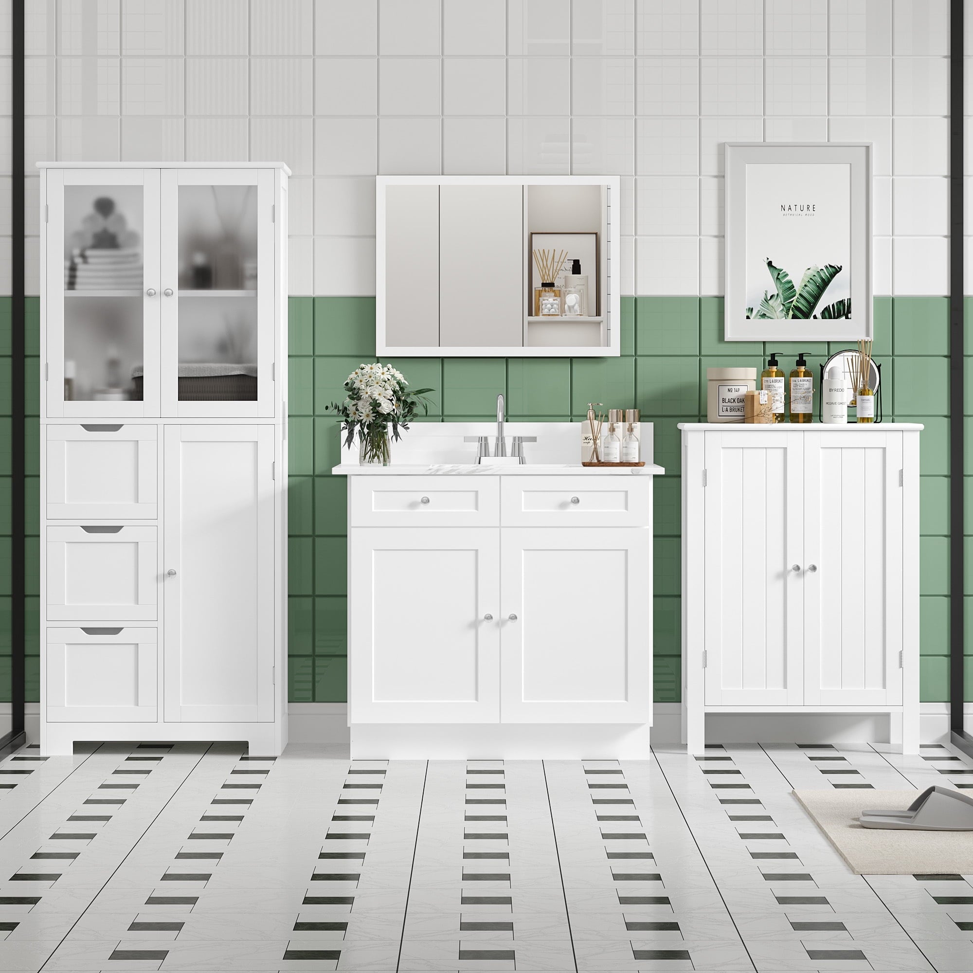 Bathroom Storage Cabinet, White Linen Cabinet with 3 Doors and 3 Drawers - Image 3