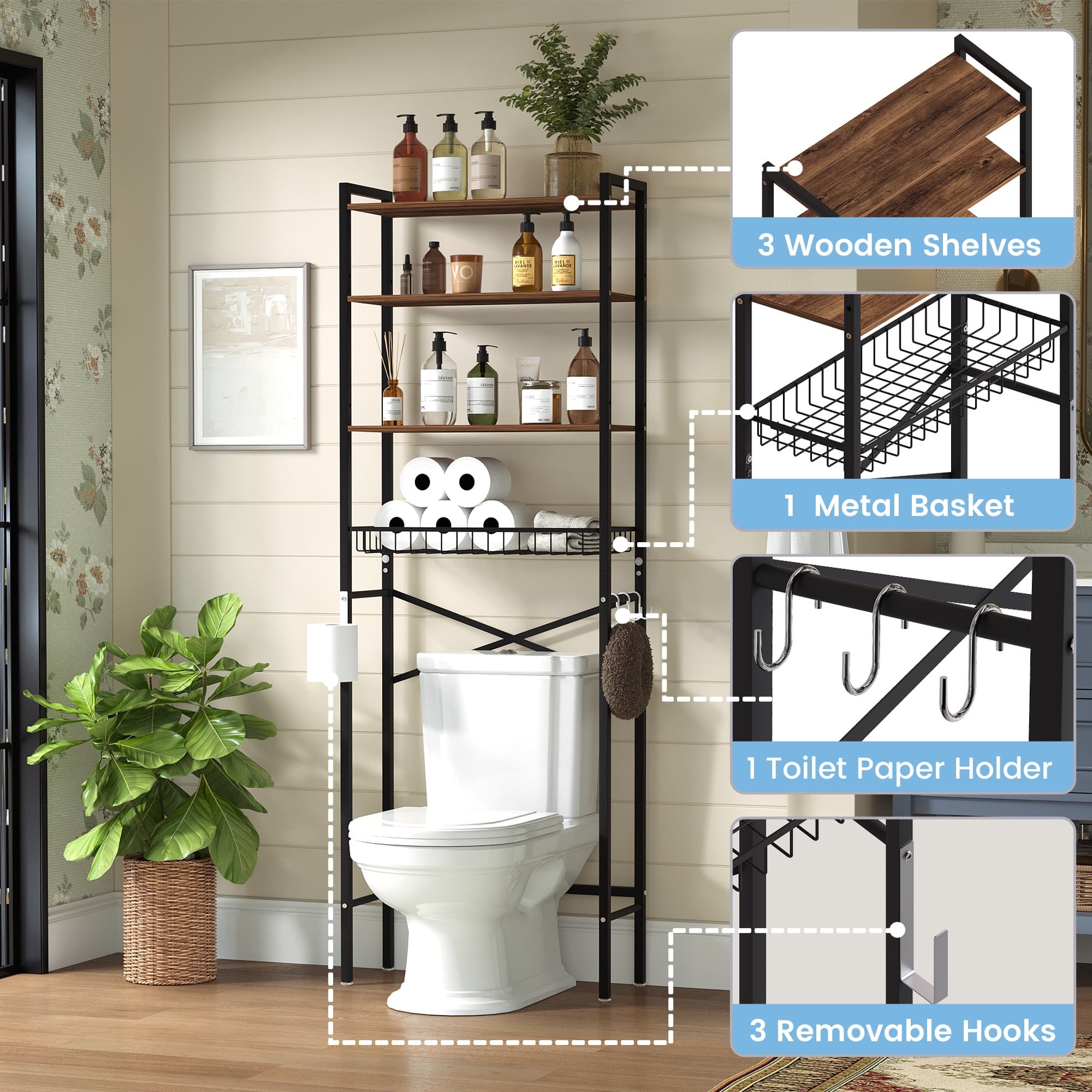 GARITIN Over The Toilet Storage Shelf, 4-Tier Bathroom Organizer with Hooks & Toilet Paper Holder, Over Toilet Storage Rack for Small Bathro - Image 4