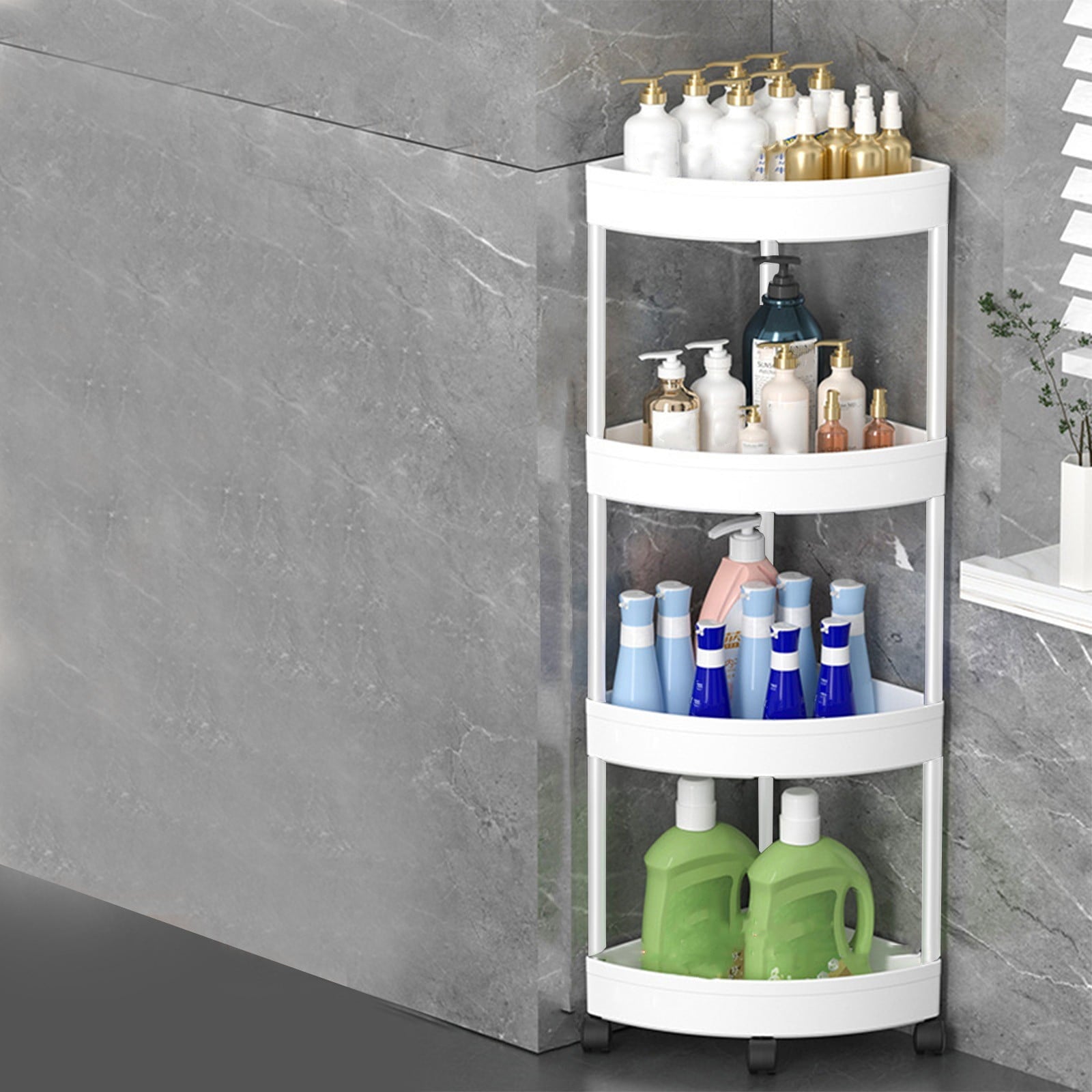 Bathroom Corner Storage Shelf, 4-Tier Organizer with Detachable Rolling Wheels & Drainage Holes, Sturdy Plastic & Sta... - Image 3