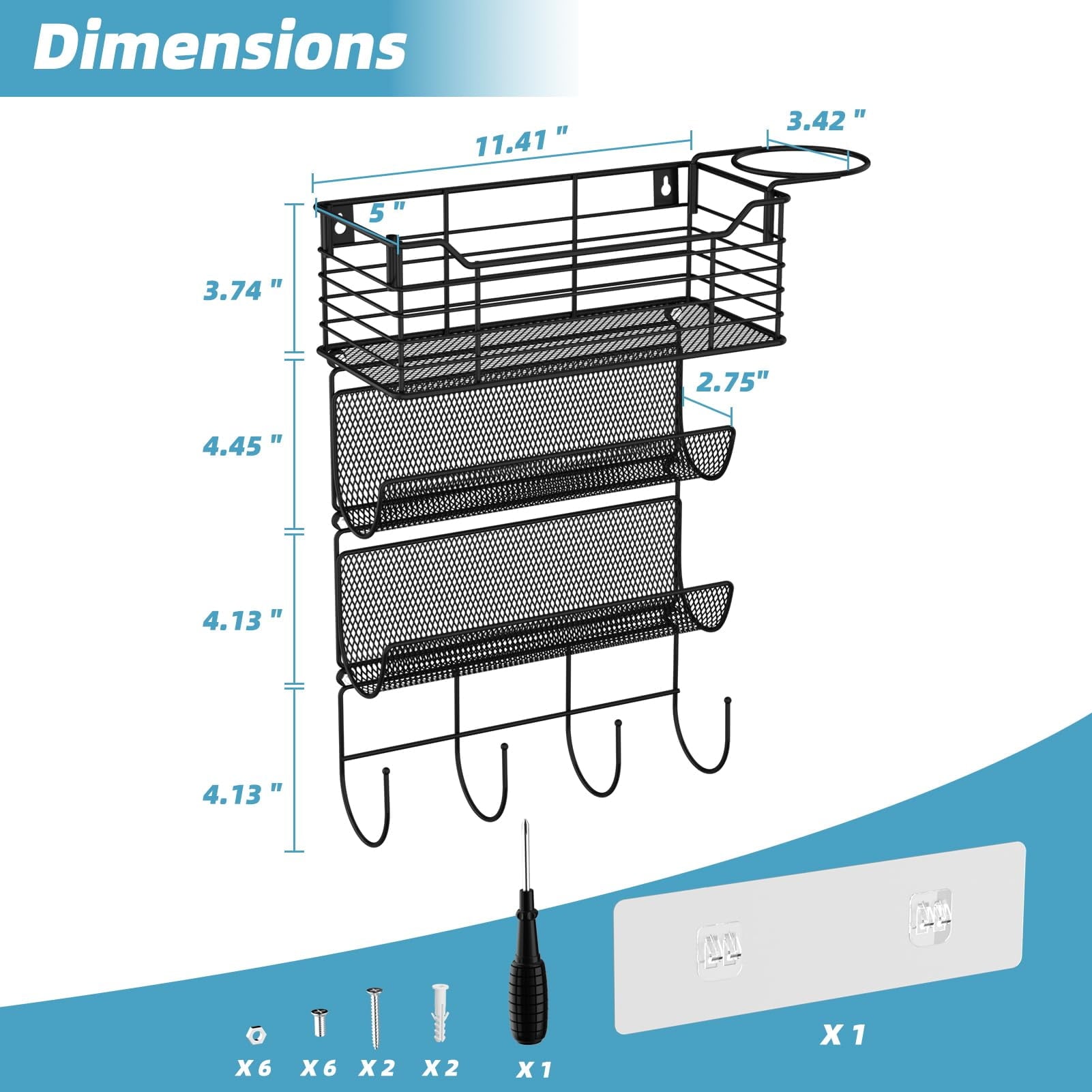 Metal Hair Tool Organizer Wall Mount, Hair Dryer Holder with 3 Tier Shelf Basket Hooks, Bathroom Hair Styling Tool Or... - Image 2