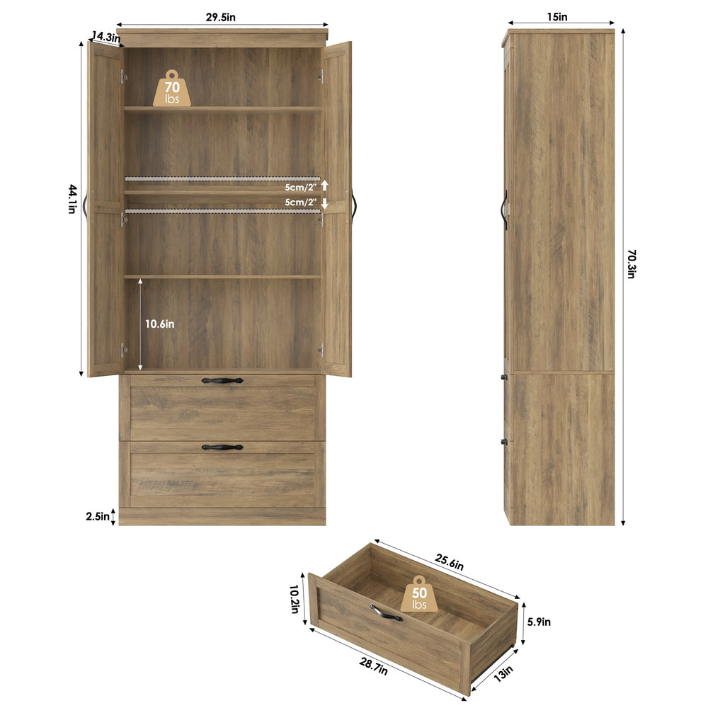 Bathroom Storage Cabinet, Farmhouse Linen Storage Cabinet with 2 Drawers, Rustic Brown - Image 3